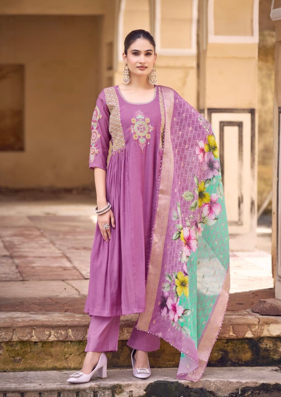 Viscose Chanderi Flared Kurta Pant Set with Maslin Jacquard Dupatta and Hand Embroidery