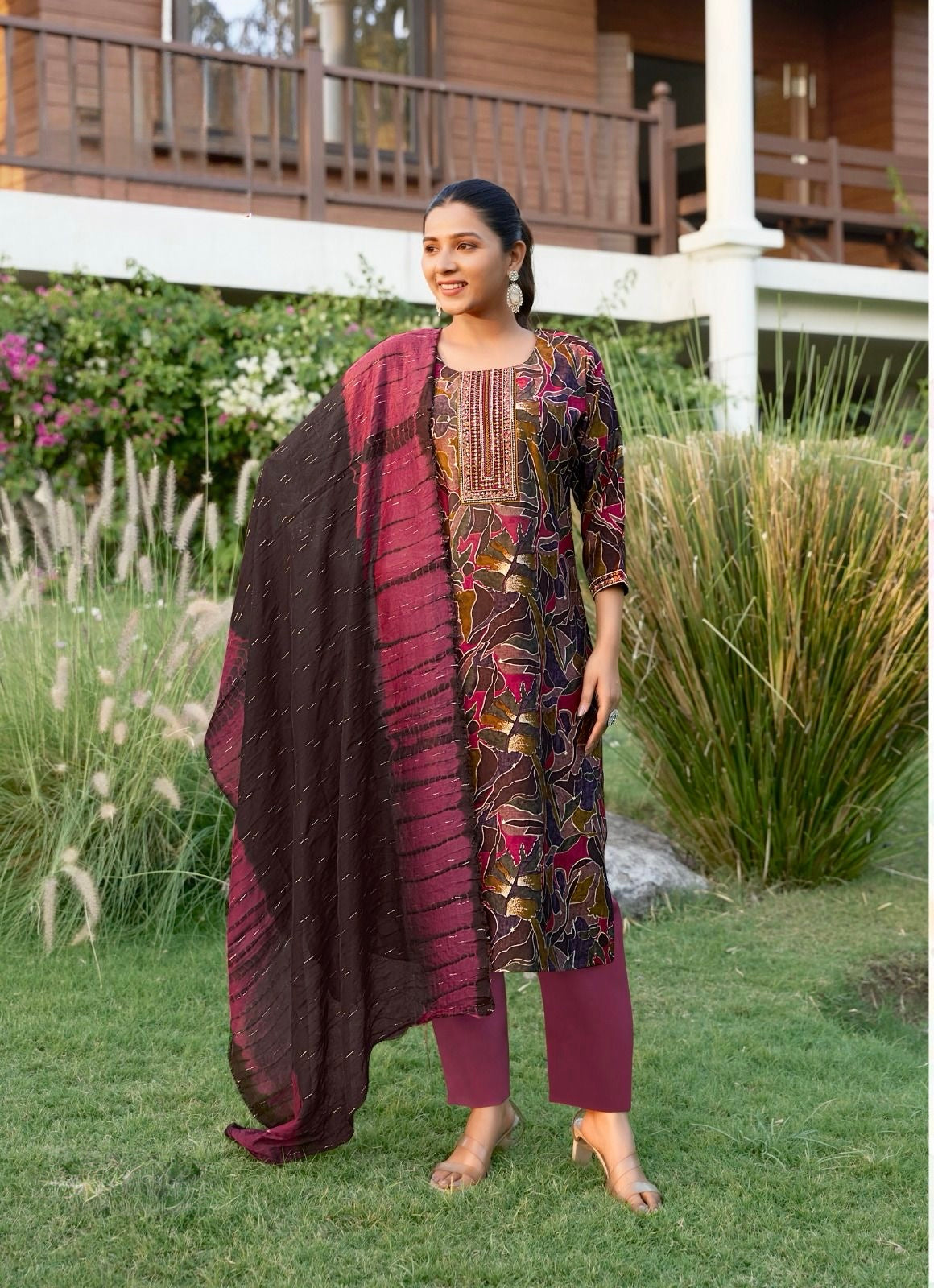 Roman Silk Modal Straight Suit Set with Foil Print, Embroidery and Chanderi Dupatta for Women