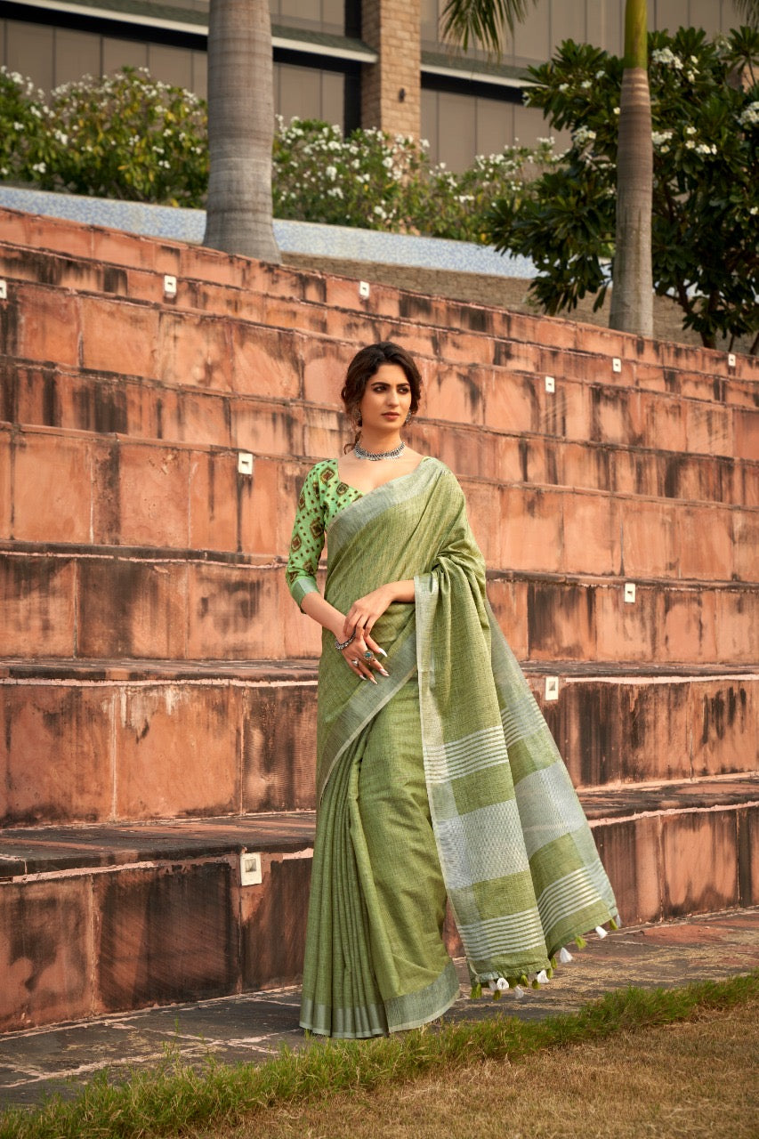 linen silk saree with striped design and border – lightweight ethnic wear for women