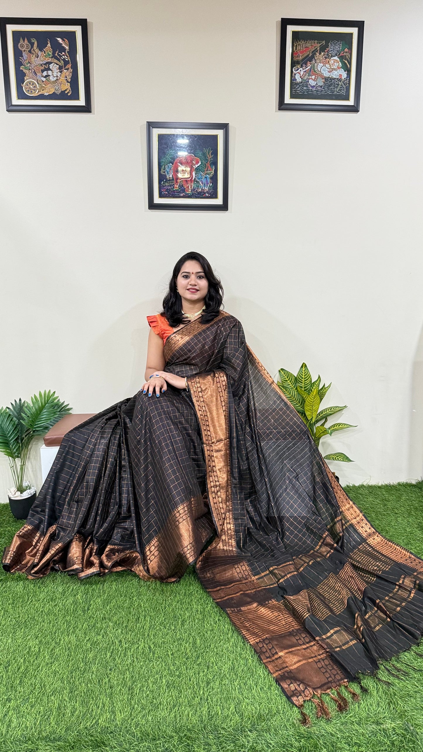 Mangalgiri Soft Semi Tussar Silk Saree with Check Pattern and Blouse Piece for Women – Lightweight Drape