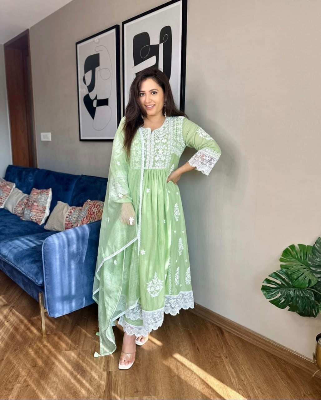 Pure Cotton Anarkali Kurti Pant Dupatta Set with Embroidery Work for Women