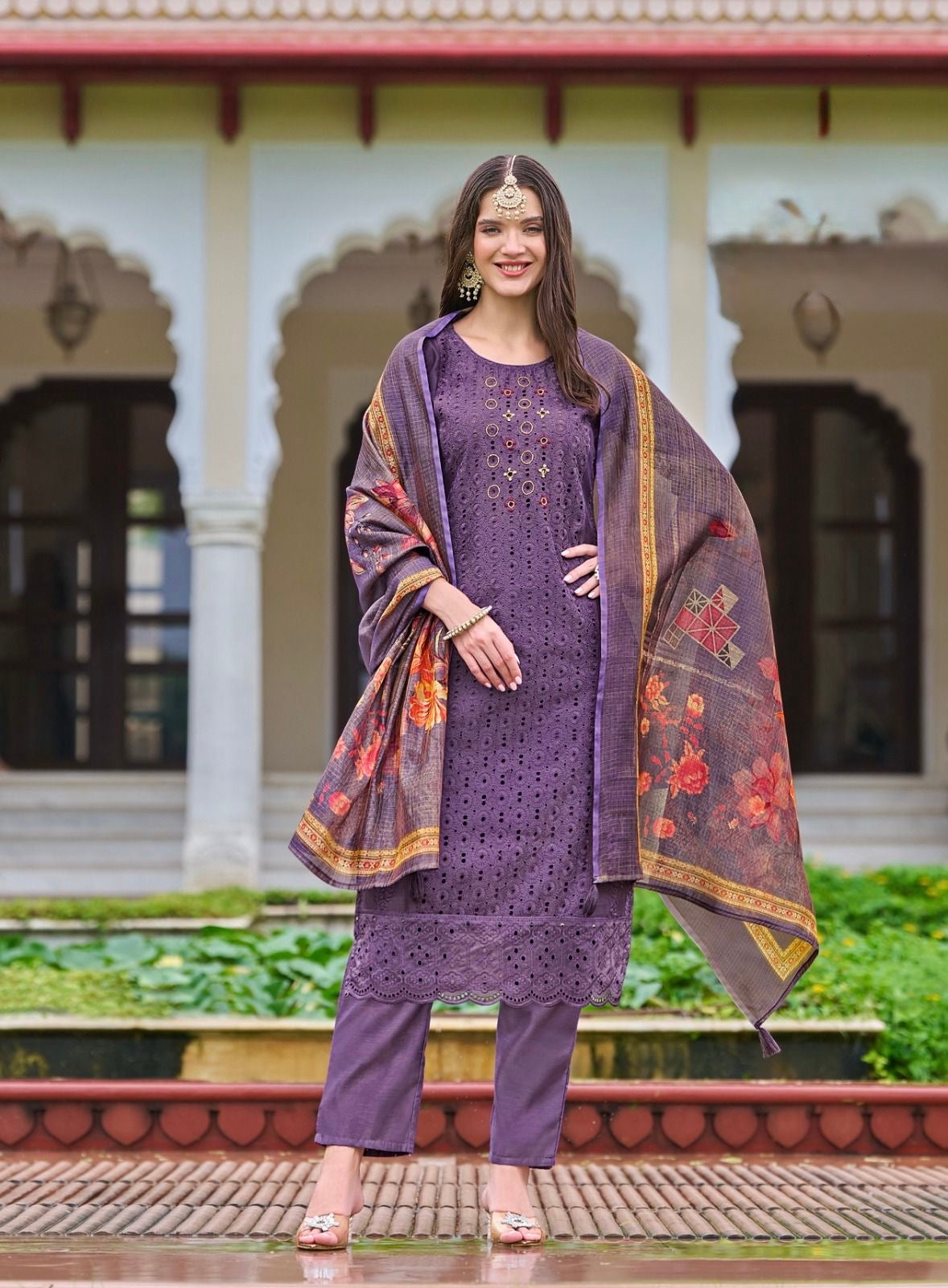 Chanderi Silk Chifli Work Kurti with Pant & Digital Print Dupatta – Festive Wear – Sizes XXL to 4XL