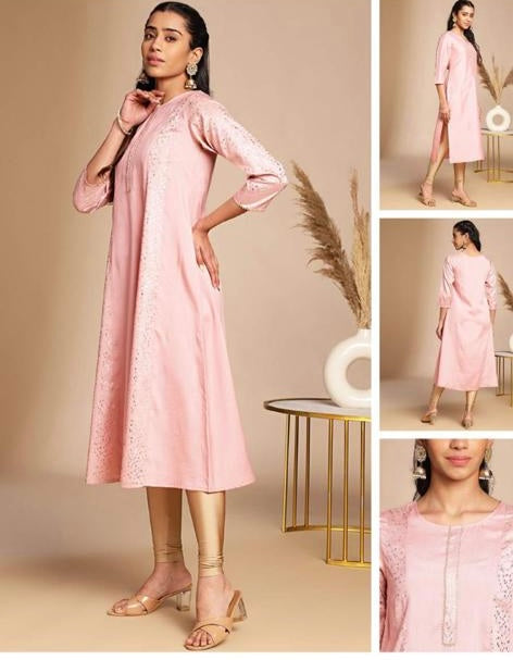 Pink Silk Crepe Printed A-Line Kurti for Women with 3/4th Sleeves – L to 2XL