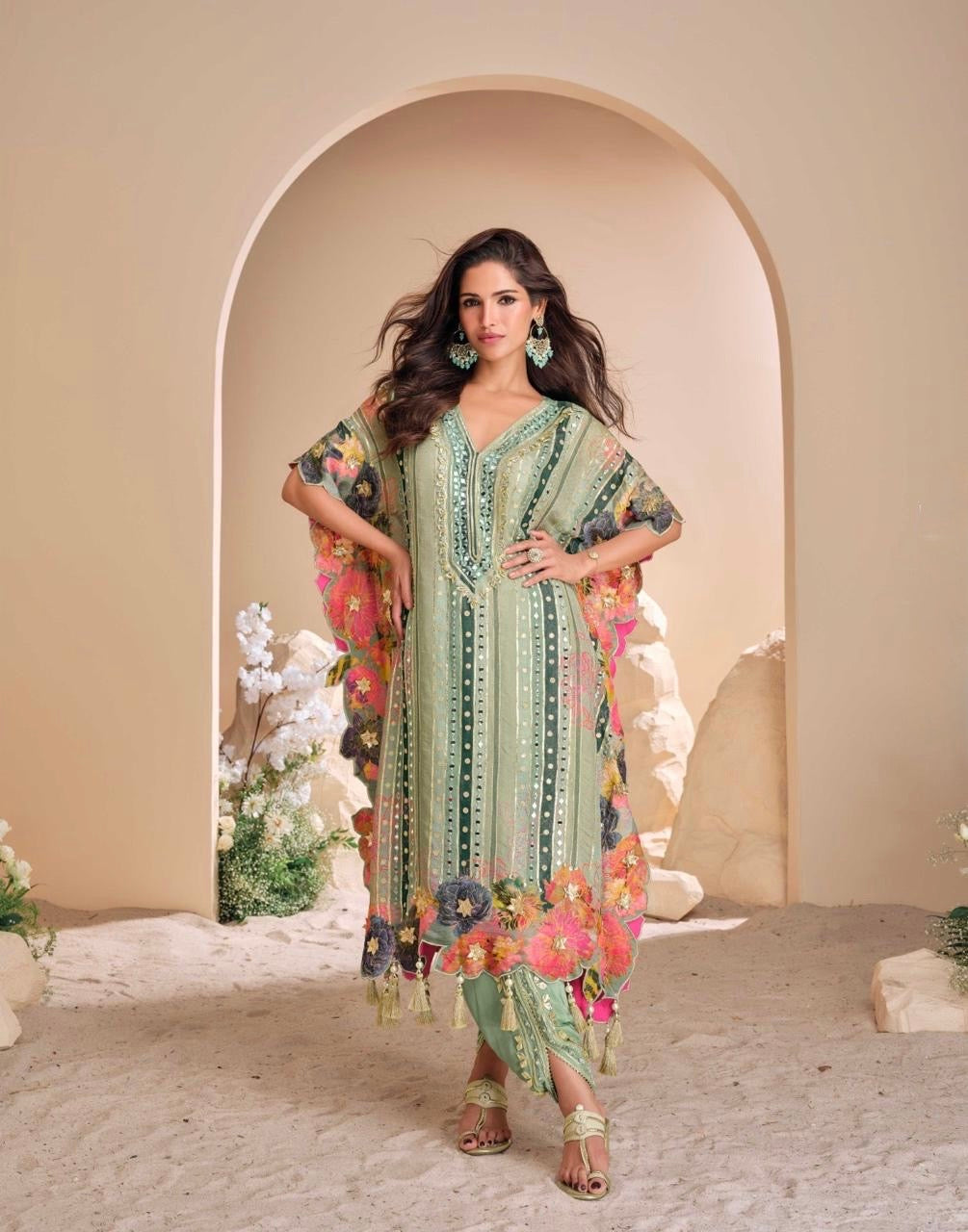 Pure Viscose Natural Crepe Silk Hand-embellished gota patti work with hand mirror work