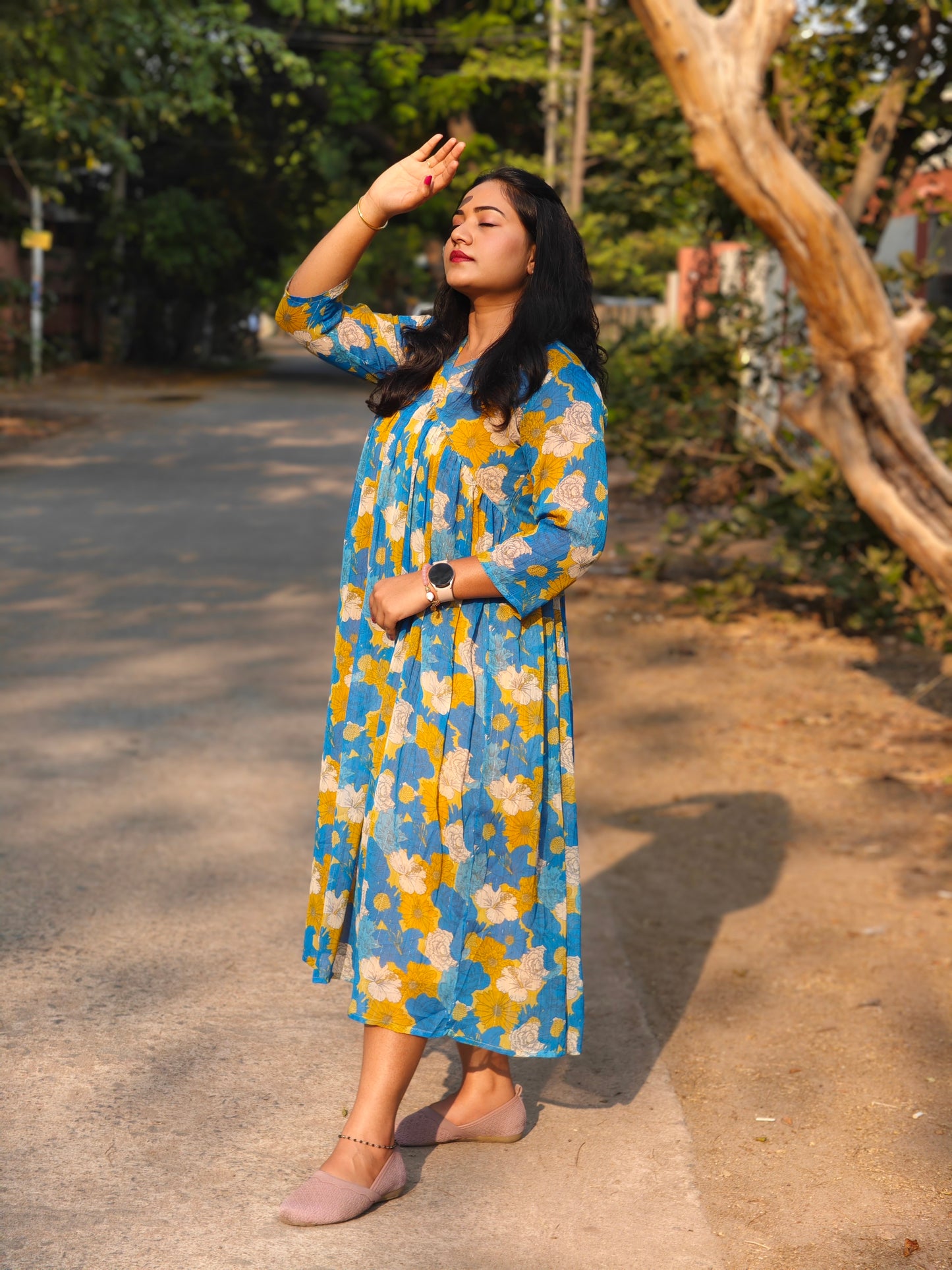 Women’s Blue Chiffon Lurex Floral Printed Flared Dress – Casual & Summer Wear