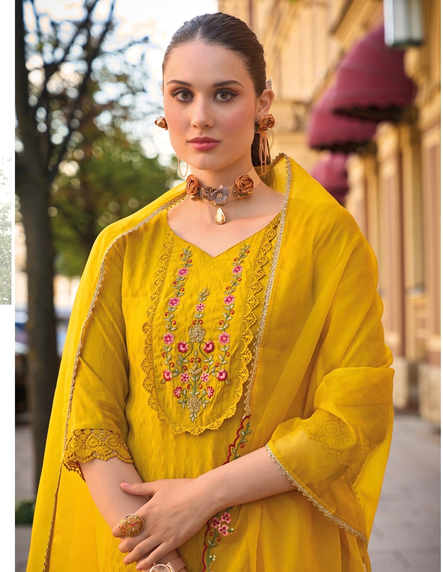 Women’s Self-Jacquard Silk 3-Piece Suit Set with Afghani Bottom and Organza Dupatta – XXL & 3XL