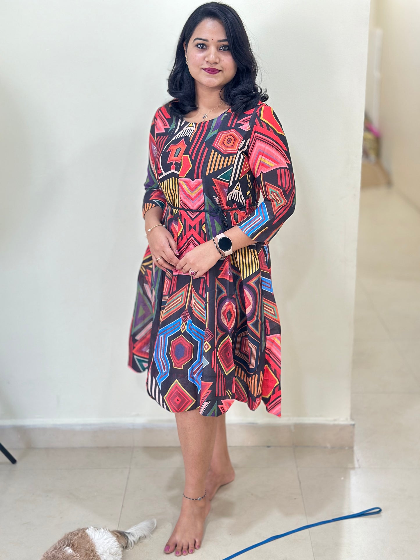 Women’s Indo-Western Cotton Linen Midi Dress with Geometric Print and Pockets – Sizes 36 to 44