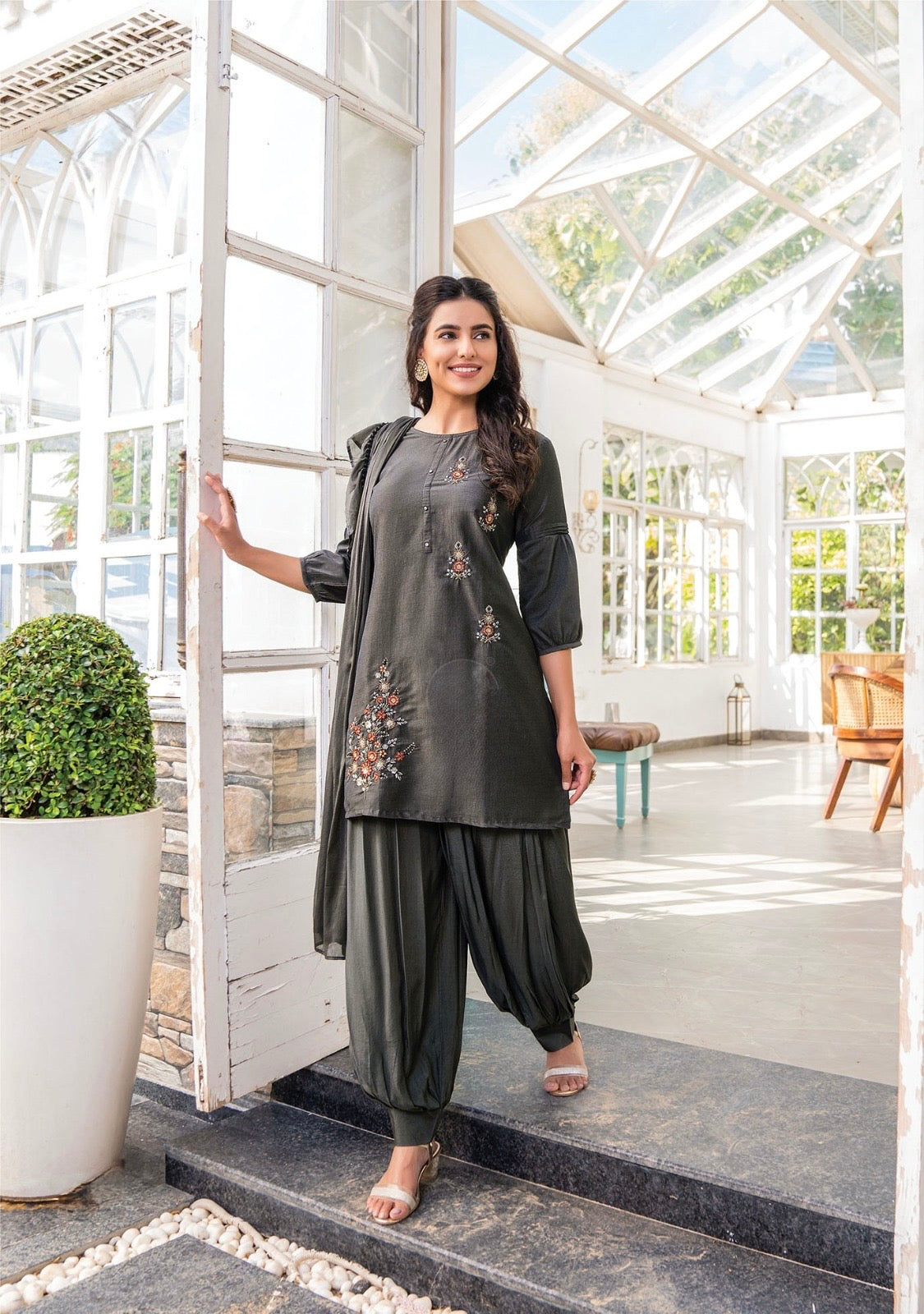 Bamber Silk Kurti Afghani Pant Dupatta Set with Embroidery and Chinon Chiffon Dupatta – Sizes L to 3XL