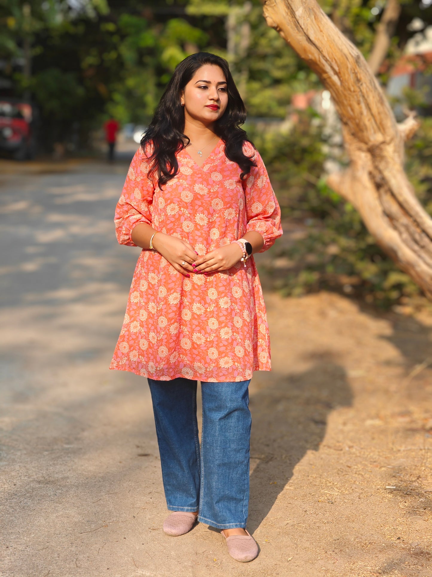 Floral Printed Gathered Tunic for Women with V-Neck and 3/4th Sleeves – Sizes L & 3XL