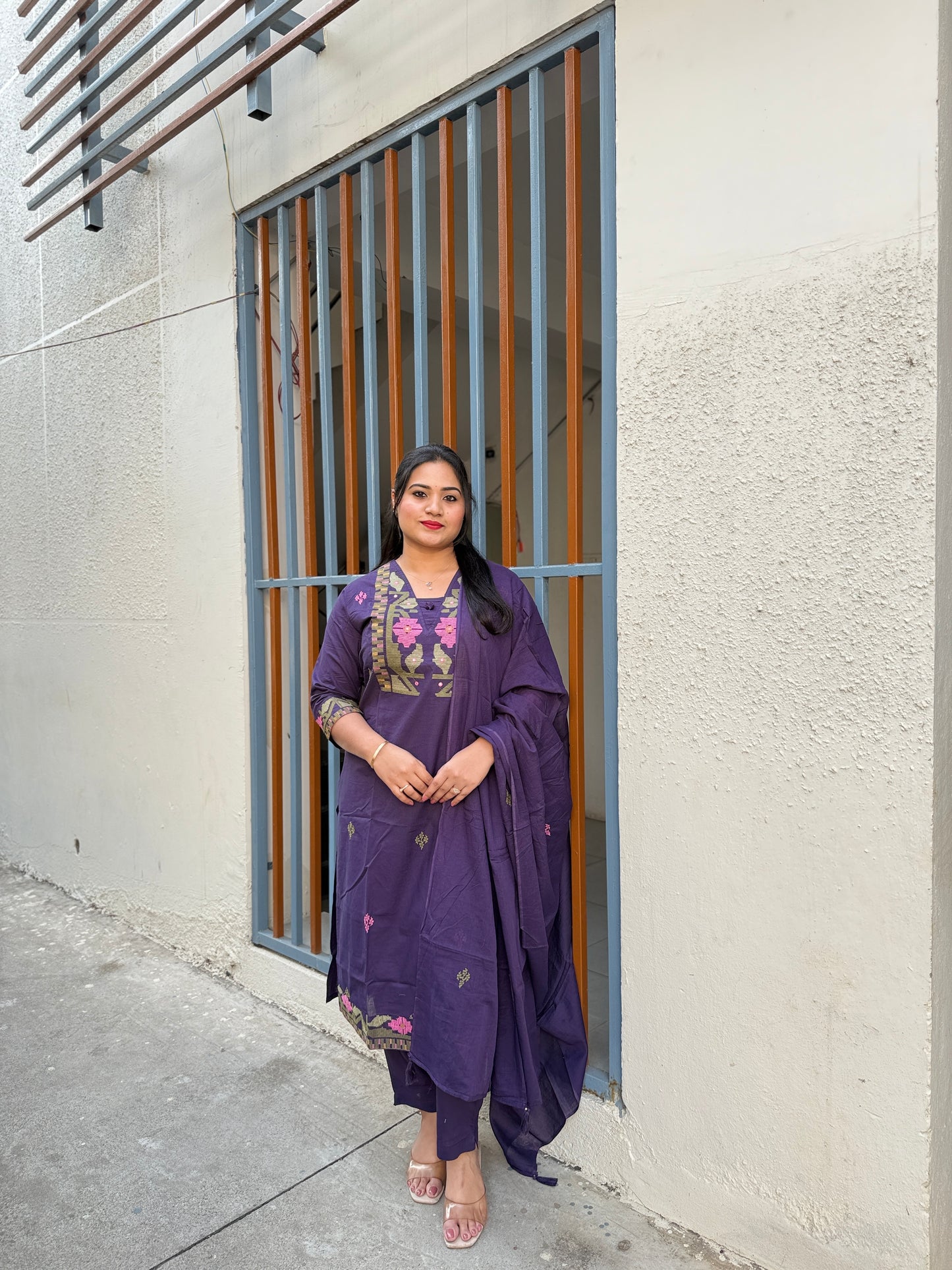 Women's cotton 60x60 straight kurta pant set with dupatta, purple embroidered-look yoke, M–3XL