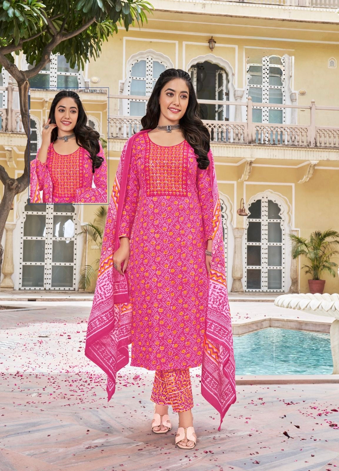 Cambric Cotton Embroidered Kurta Set with Pant and Malmal Dupatta for Women (L to 3XL)