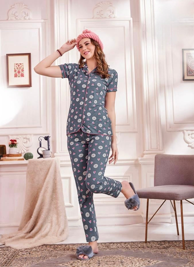 Printed Sinker Fabric Collar Night Suit Set – Women’s Loungewear & Nightwear (M to 2XL)