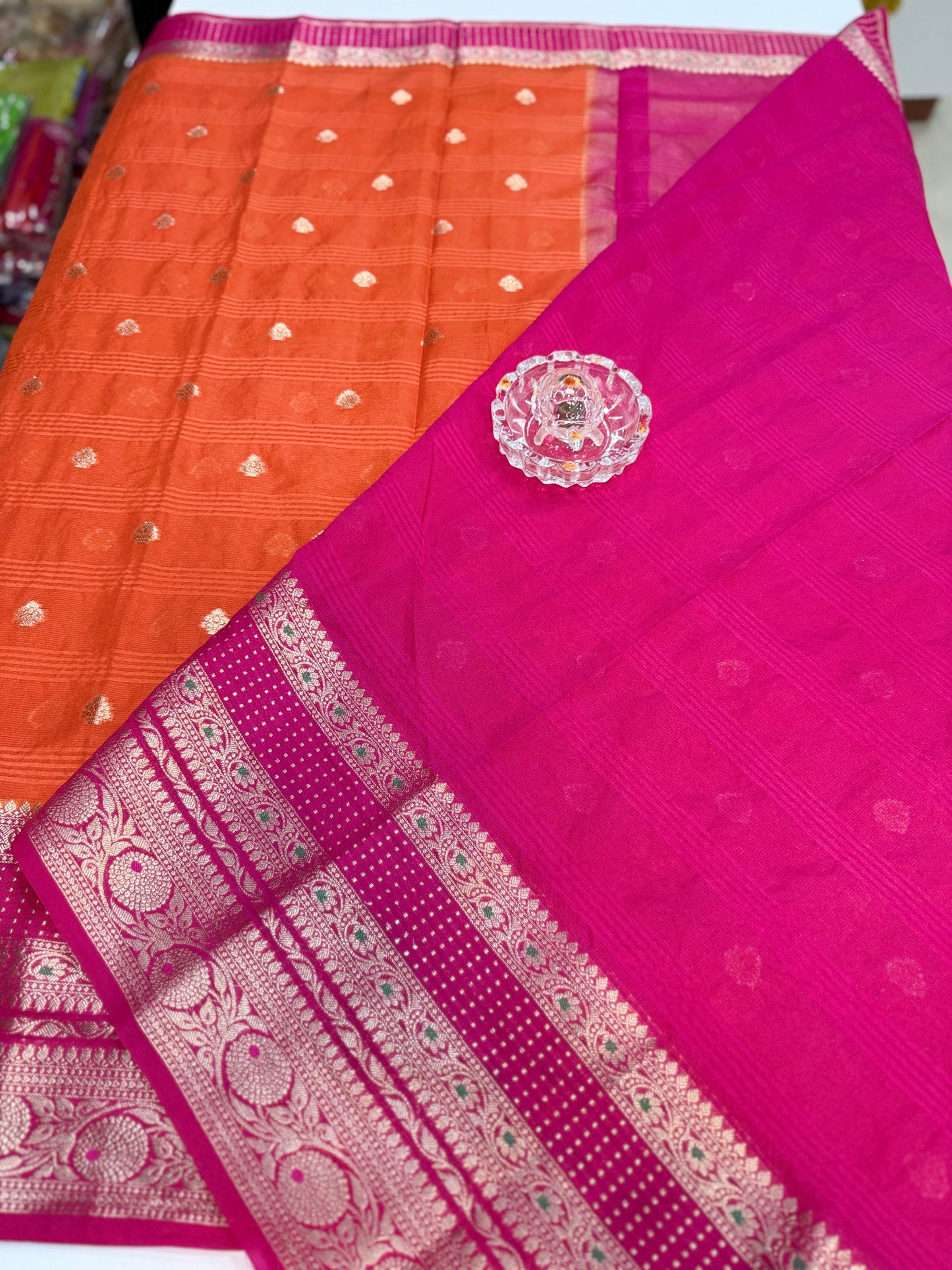 Banarasi semi georgette silk saree with gold zari weaving, meenakari big border and buti design for women