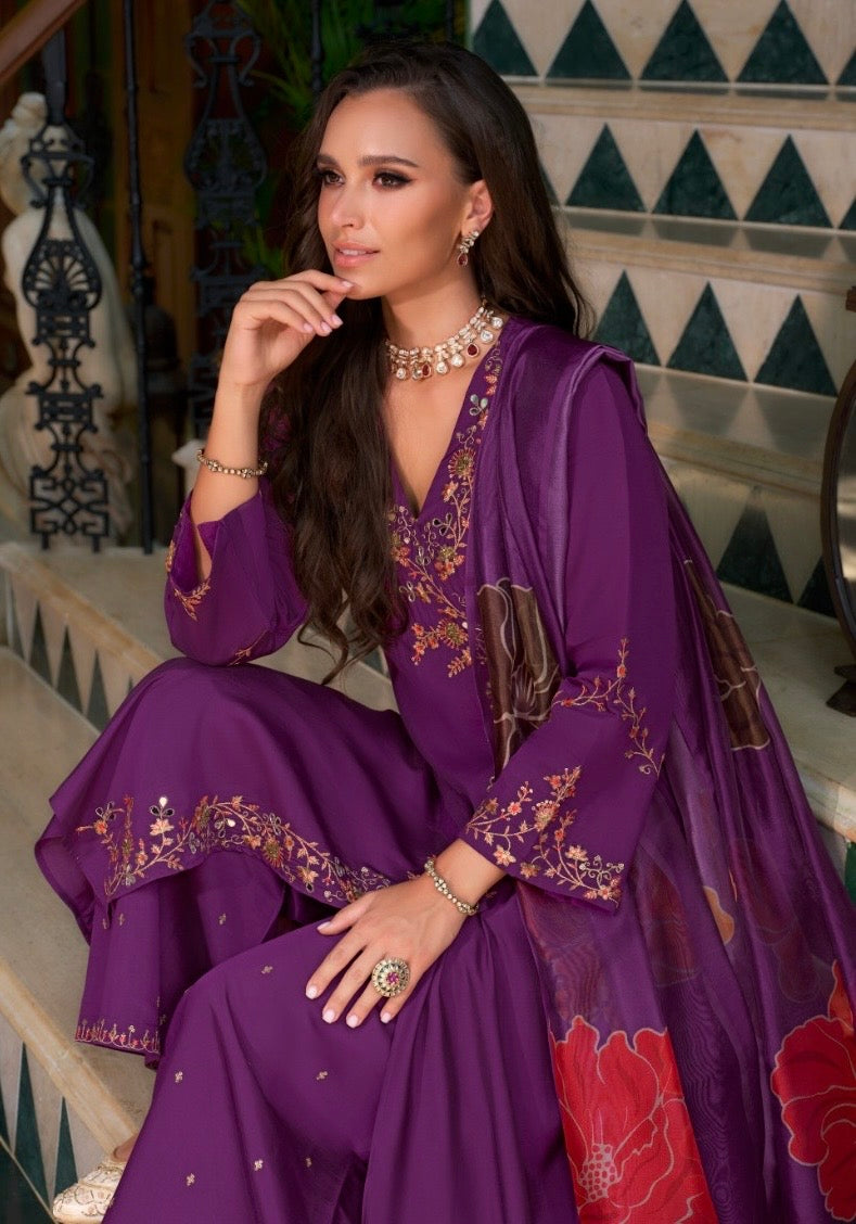 Women’s Roman Silk Angrakhha Kurti Set with Embroidery and Organza Dupatta – XL to XXL