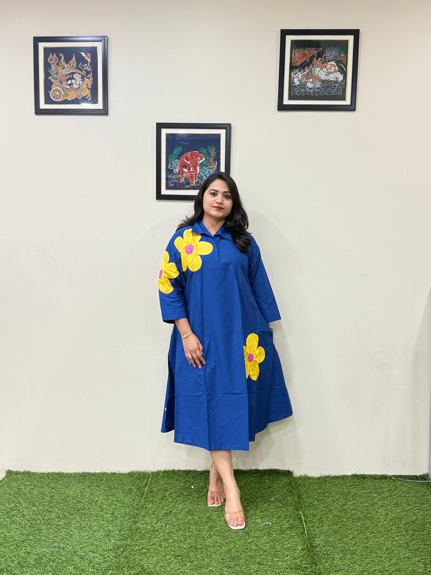 Poplin Cotton Applique Midi Dress with Bold Floral Motifs – Women’s Casual Wear (M to XL)