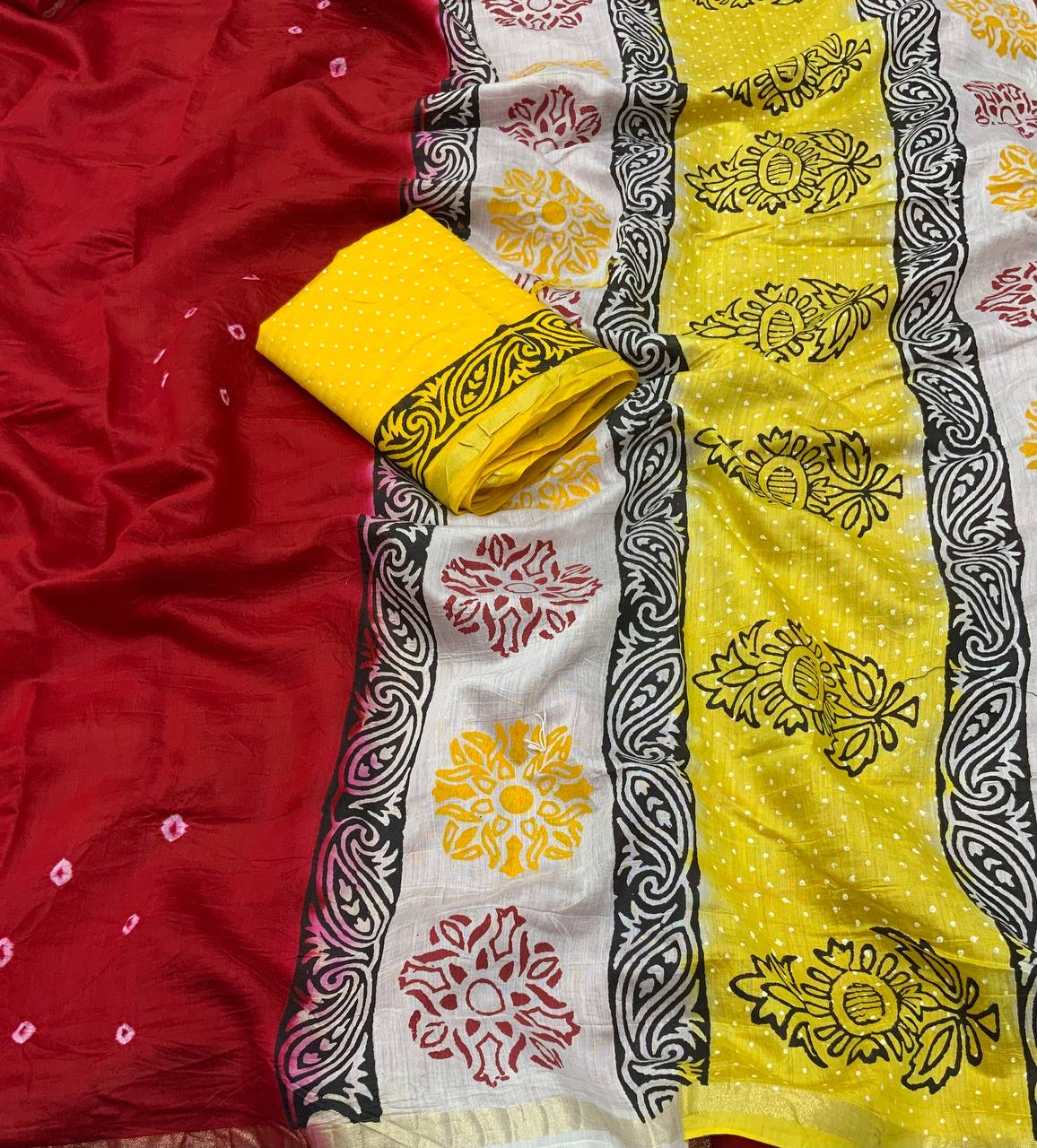 Chanderi Cotton Saree with Hand-Tied Bandhani and Block Printed Pallu – Festive Wear for Women