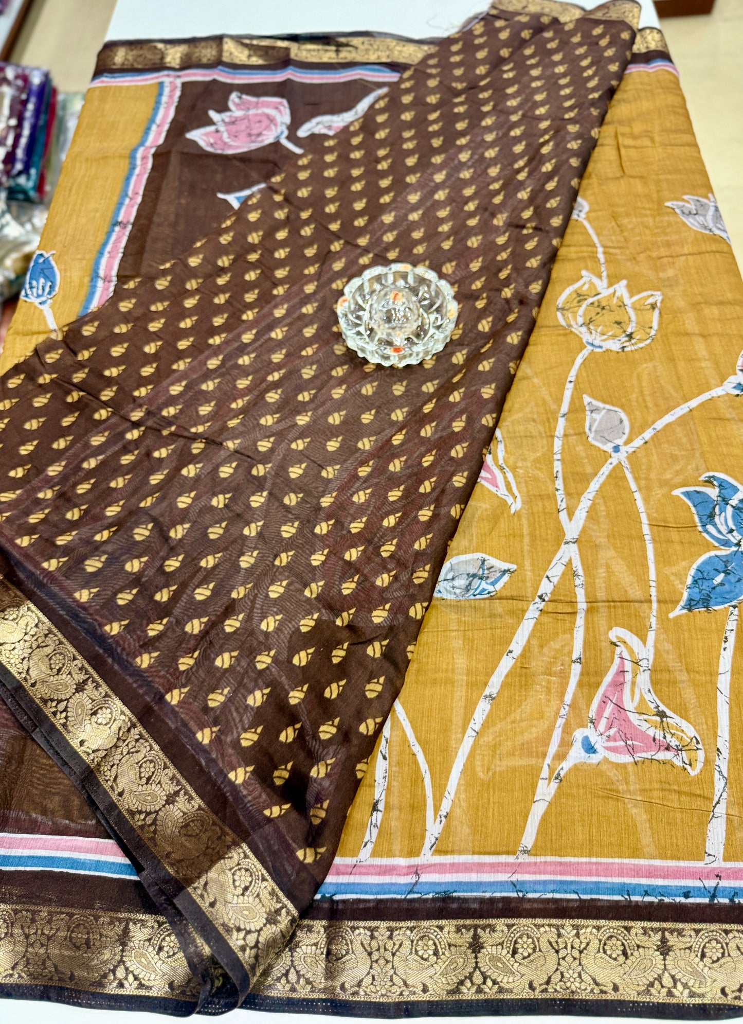 Chennuri silk style printed saree with traditional artwork border and unstitched blouse fabric for women