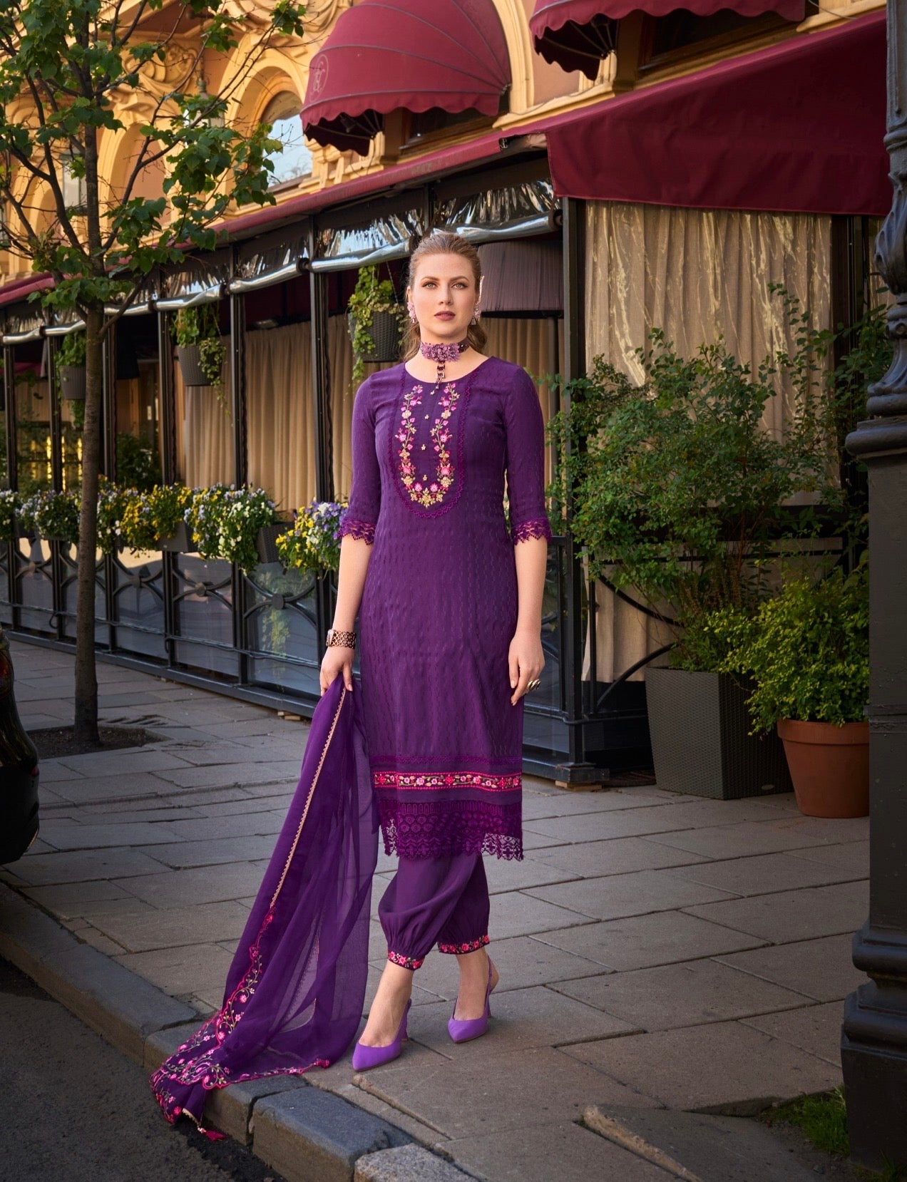 Women’s Self-Jacquard Silk 3-Piece Suit Set with Afghani Bottom and Organza Dupatta – XXL & 3XL