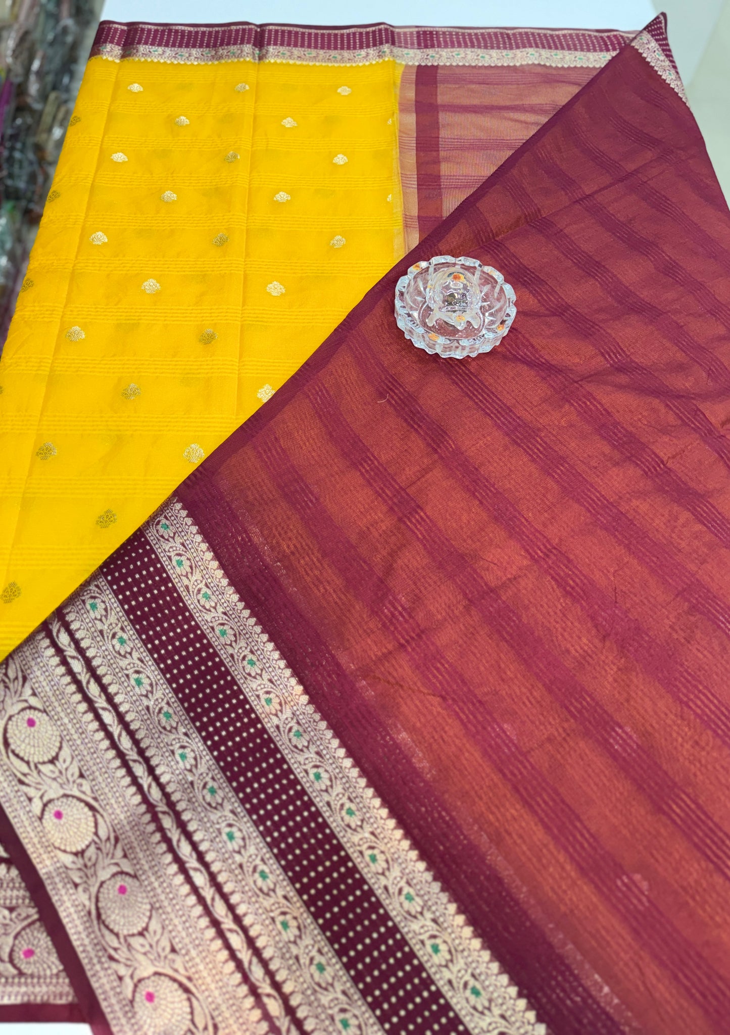 Banarasi semi georgette silk saree with gold zari weaving, meenakari big border and buti design for women