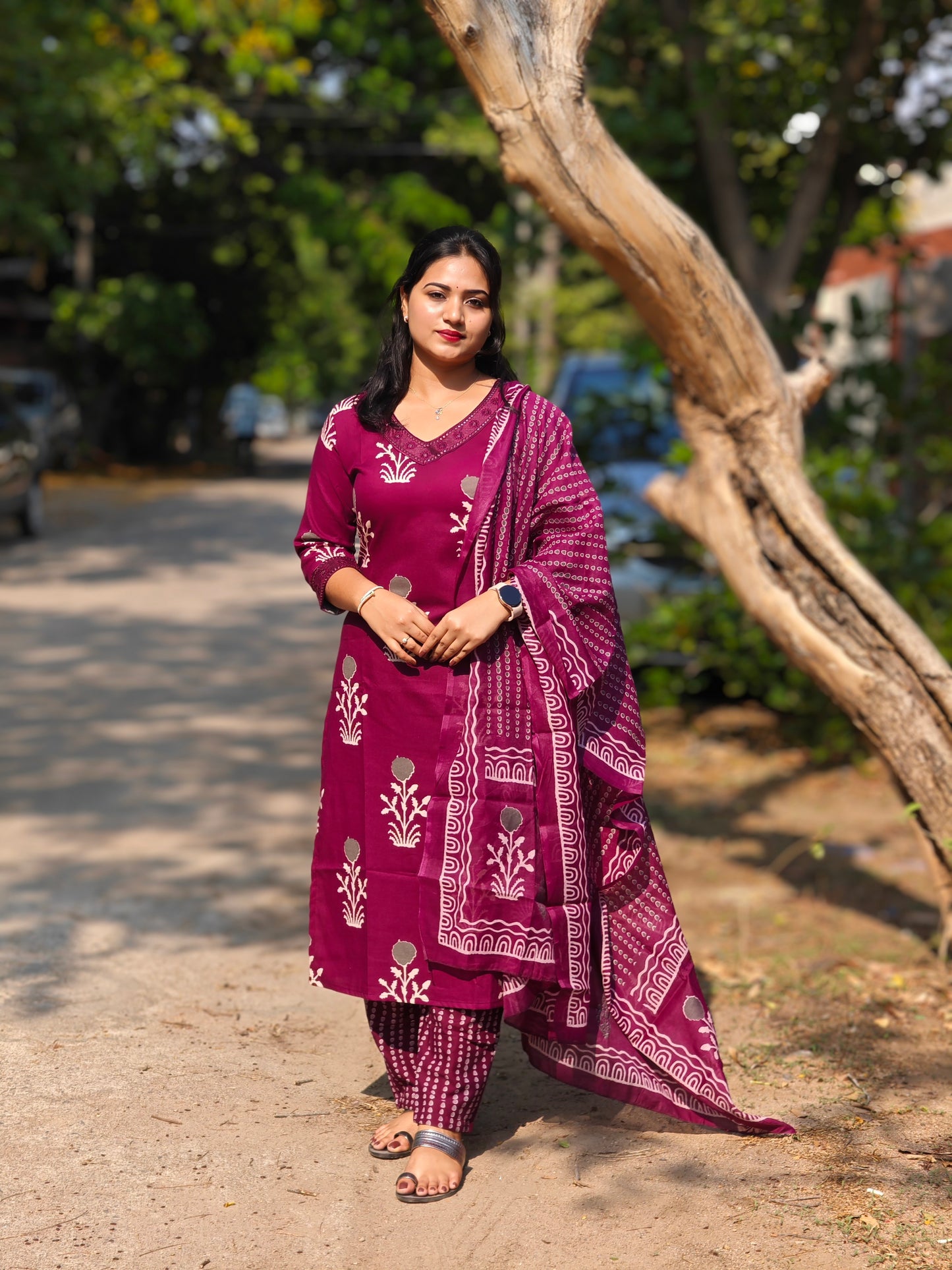 Viscose Rayon Floral Printed Suit Set in Deep Pink Maroon