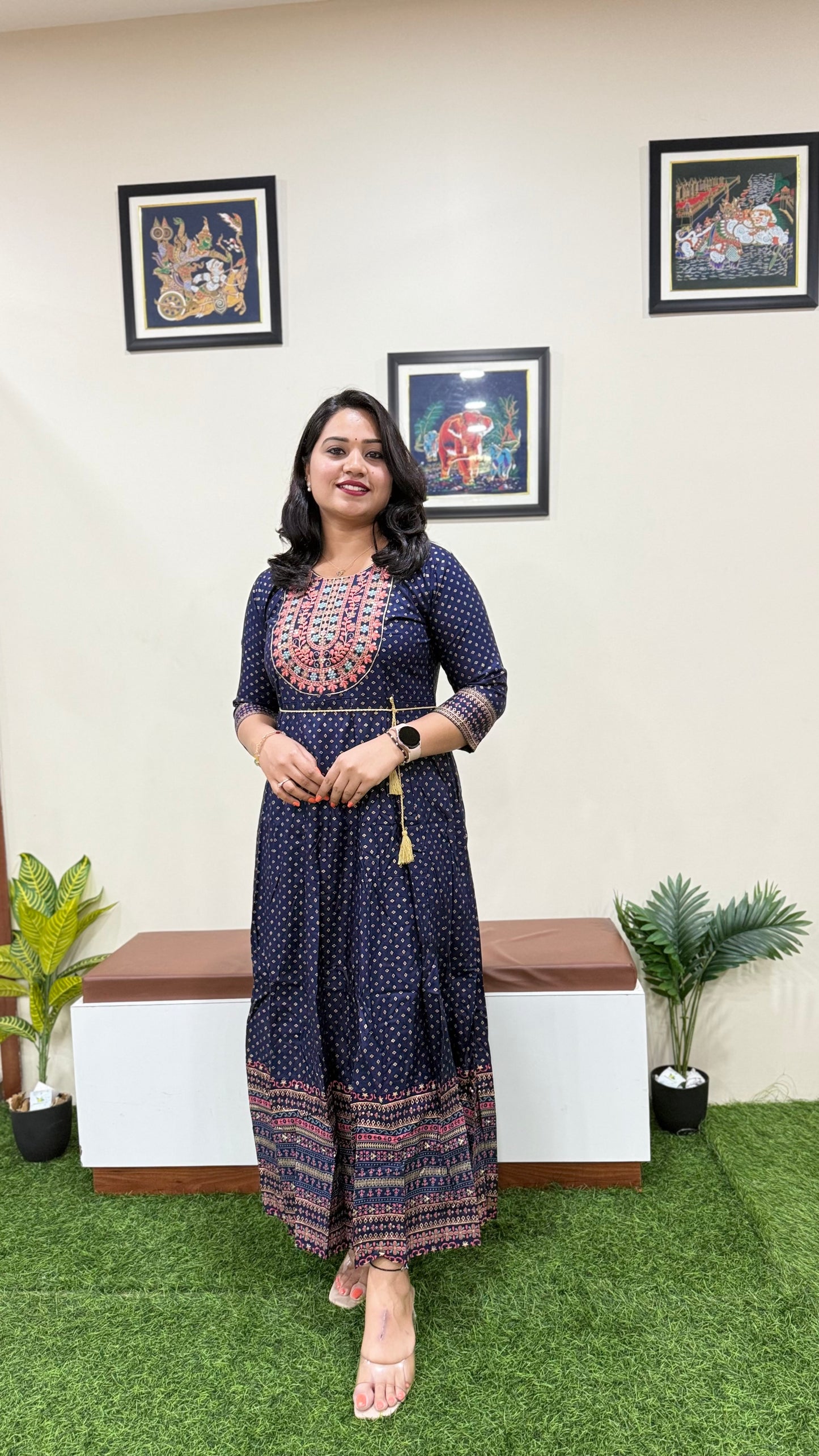 Rayon Foil Print Anarkali Gown with Embroidered Neck and Belt – Liva Tag – Sizes M to 3XL