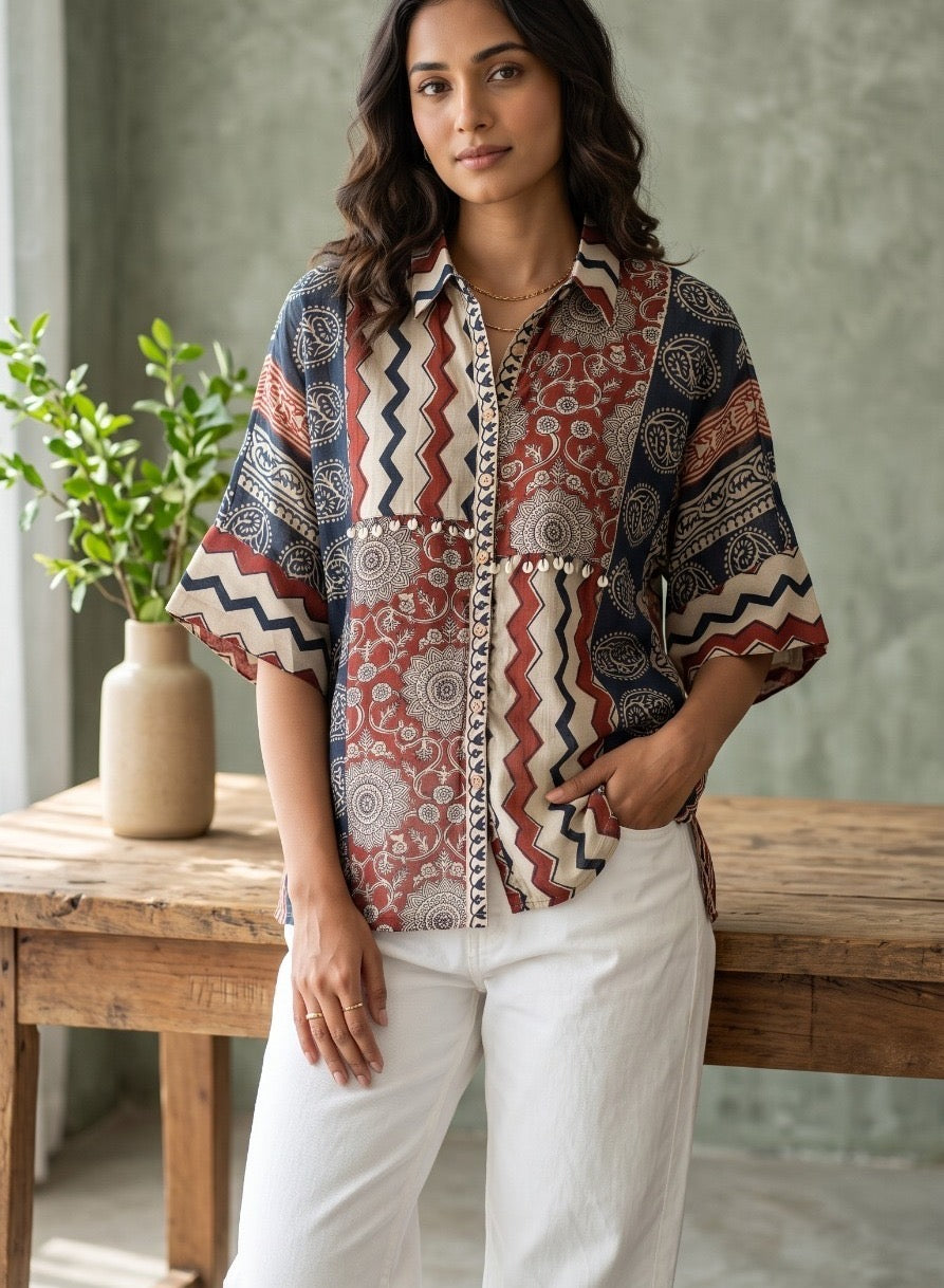 Mul Chanderi Patchwork Print Shirt for Women, Red Navy Beige, Sizes 38-44
