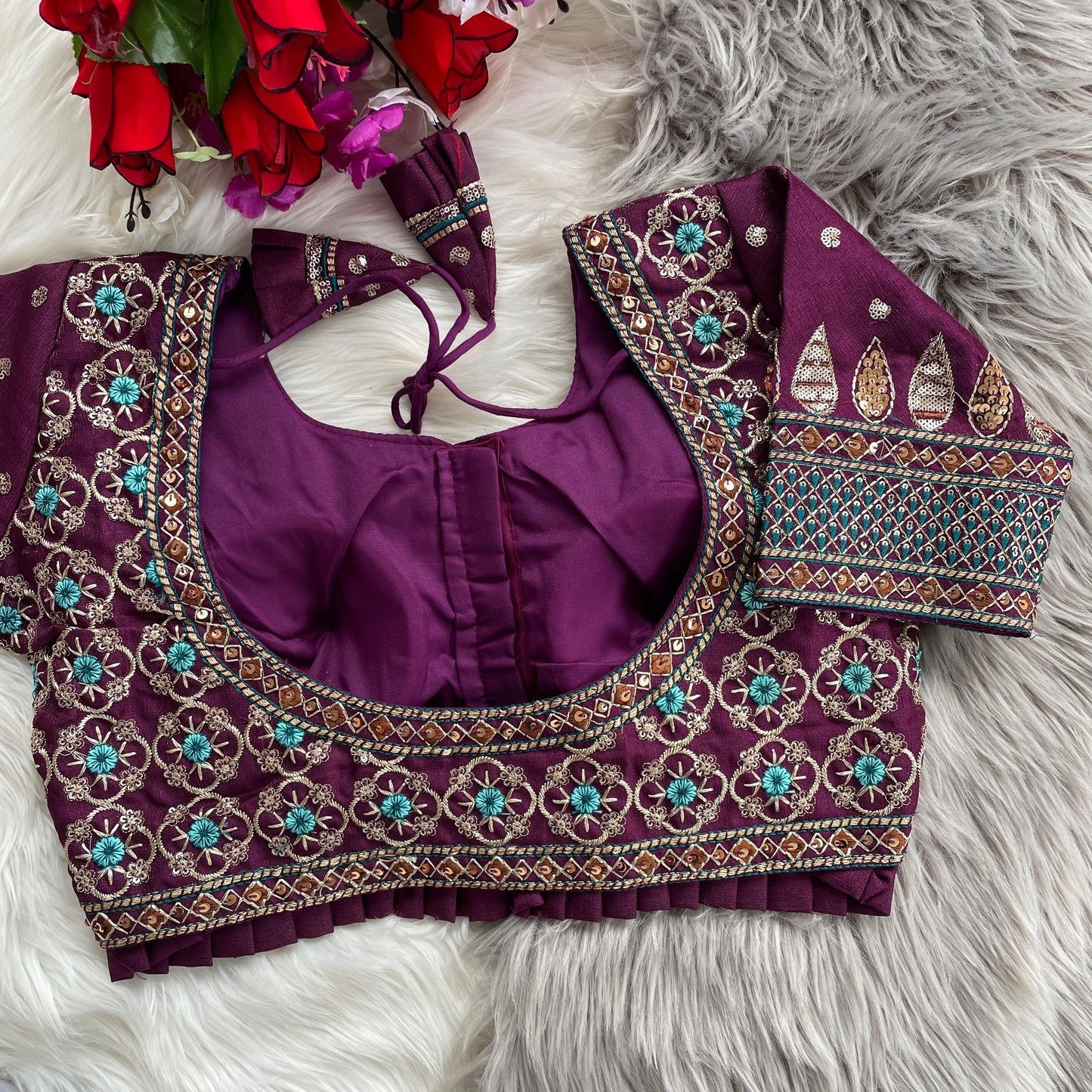 Bridal Blouse in Heavy Pure Soft Cobra Silk with Sequins Embroidery and Latkan Detailing