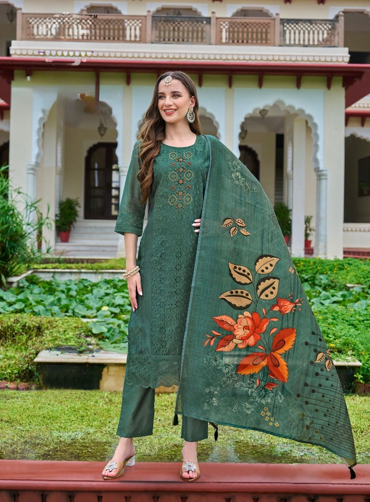 Chanderi Silk Chifli Work Kurti with Pant & Digital Print Dupatta – Festive Wear – Sizes XXL to 4XL