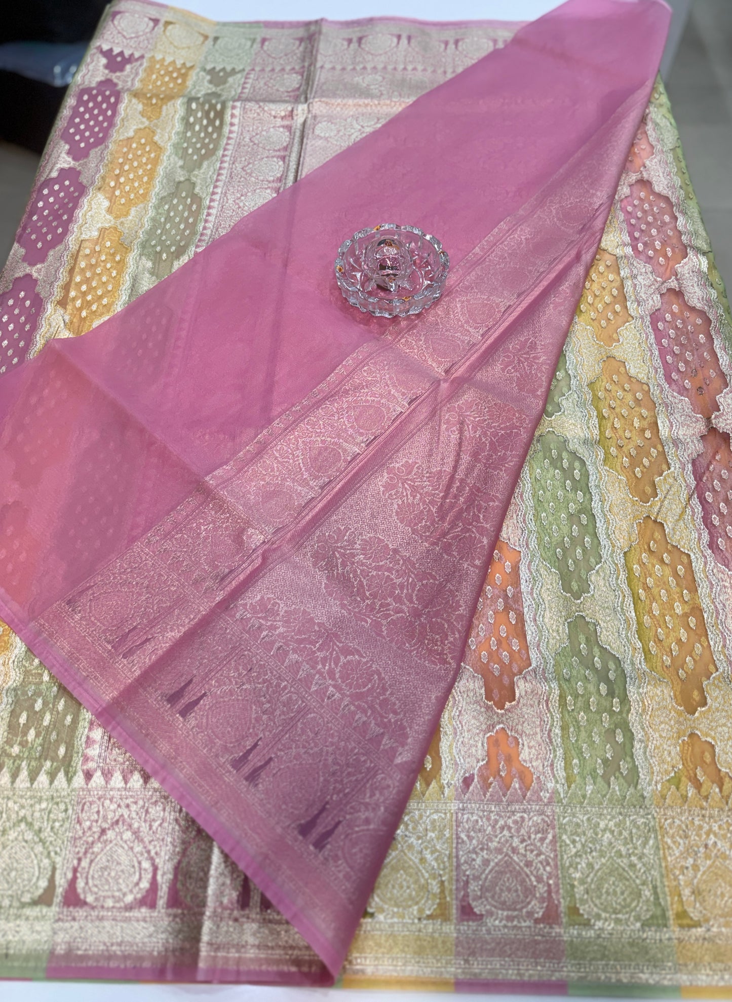 Banarasi handloom kora organza rankaat saree with allover zari stripe weaving and blouse piece