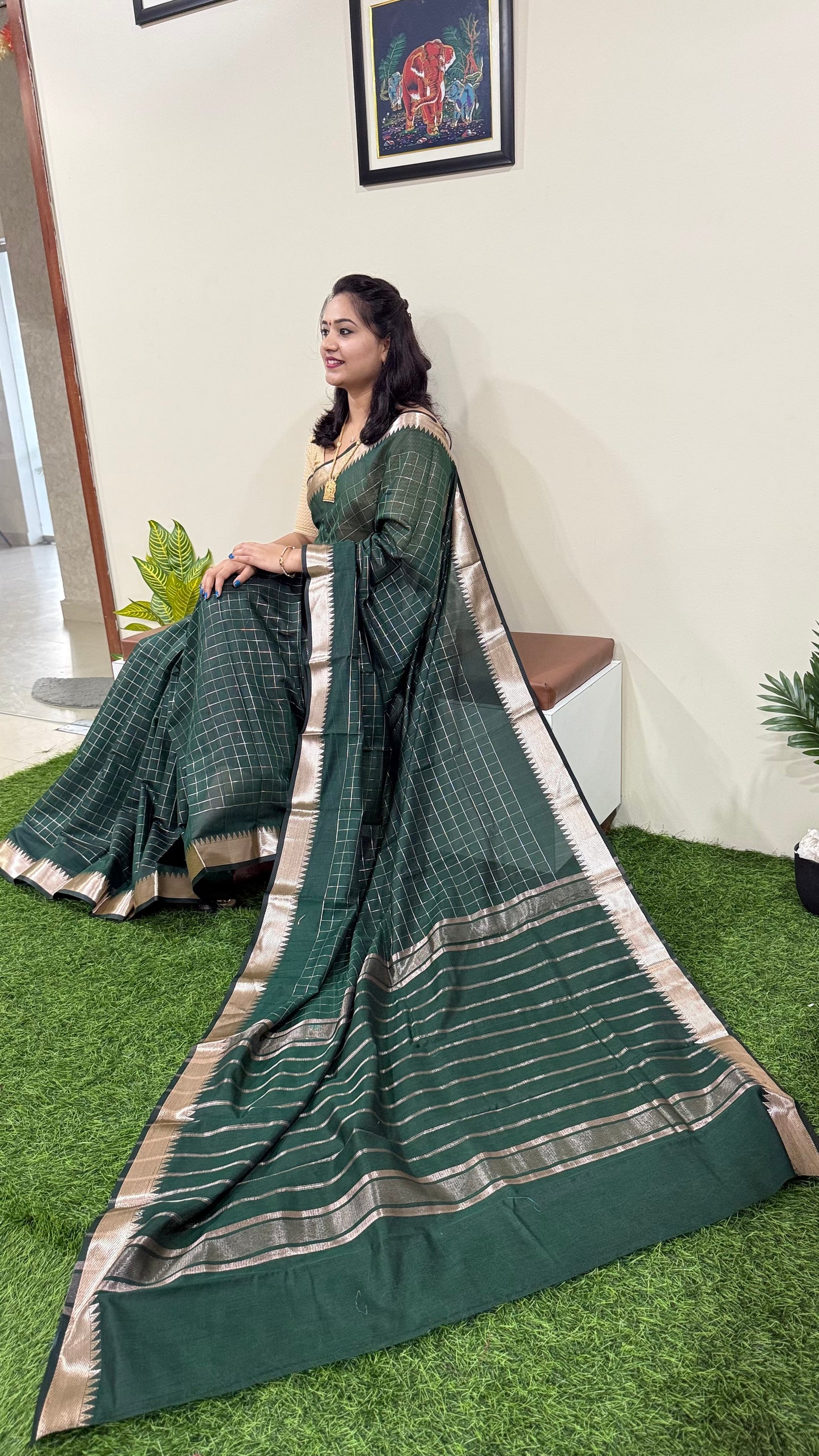 Mangalgiri Soft Semi Tussar Silk Saree with Check Pattern and Blouse Piece for Women – Lightweight Drape