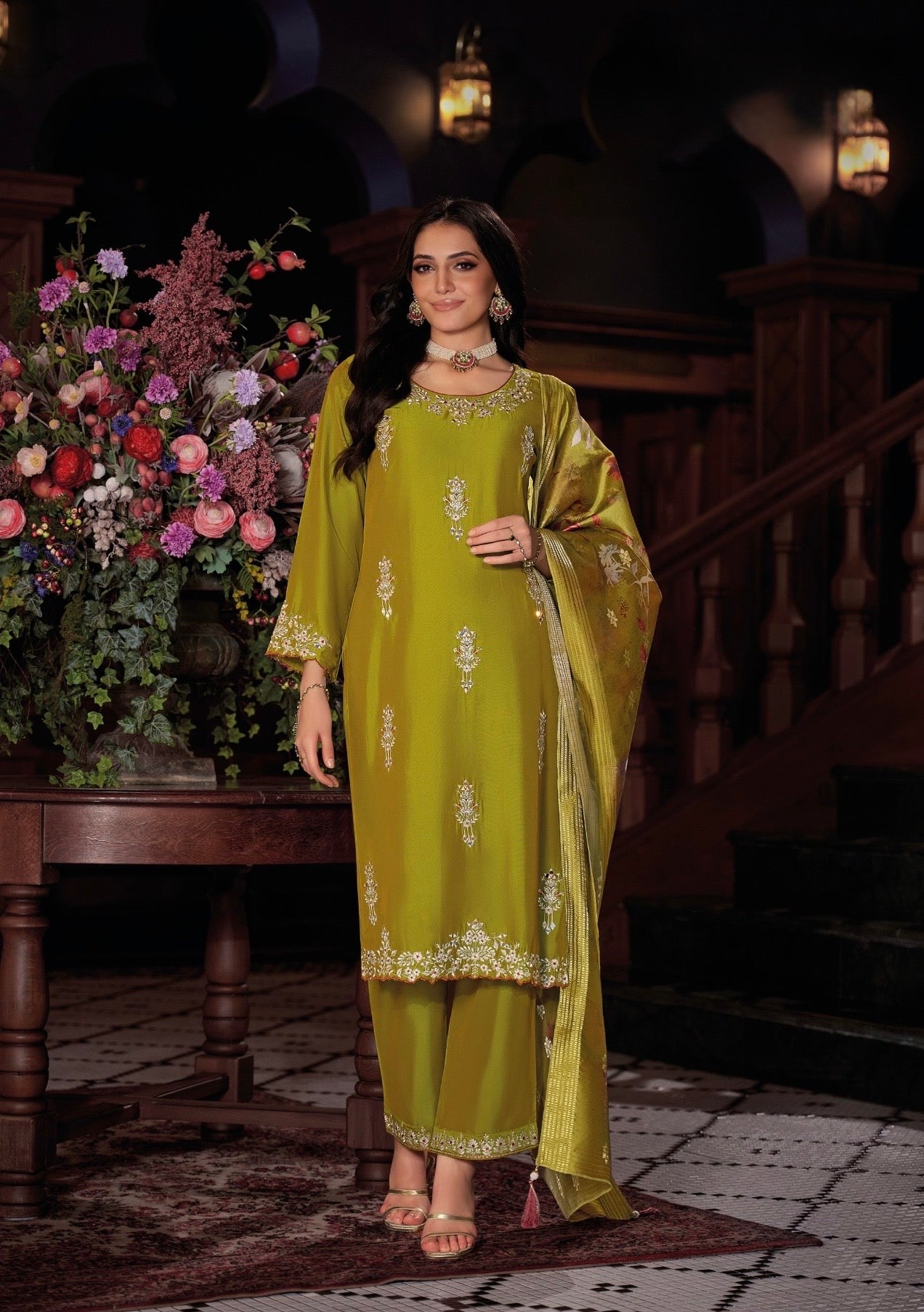Viscose Silk Embroidered Kurta Plazzo Dupatta Set with Mirror Work and Printed Dupatta – XL & XXL