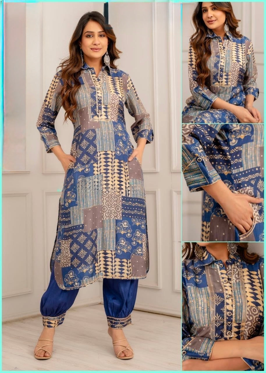 Modal Muslin Afghani Set with Digital Print Shirt, Gota Lace Detailing and Flapped Sleeves for Women