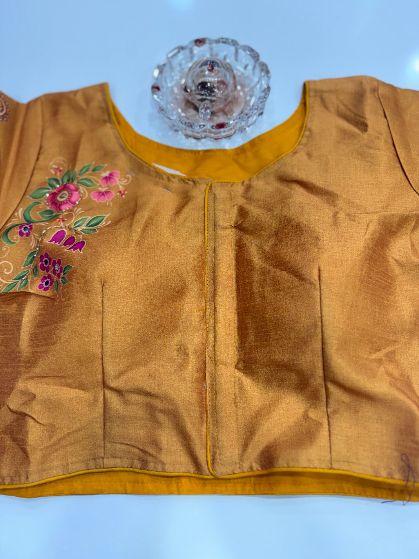 Silk printed readymade blouse for women with antique handcrafted work, size 38–42, short sleeve, saree blouse