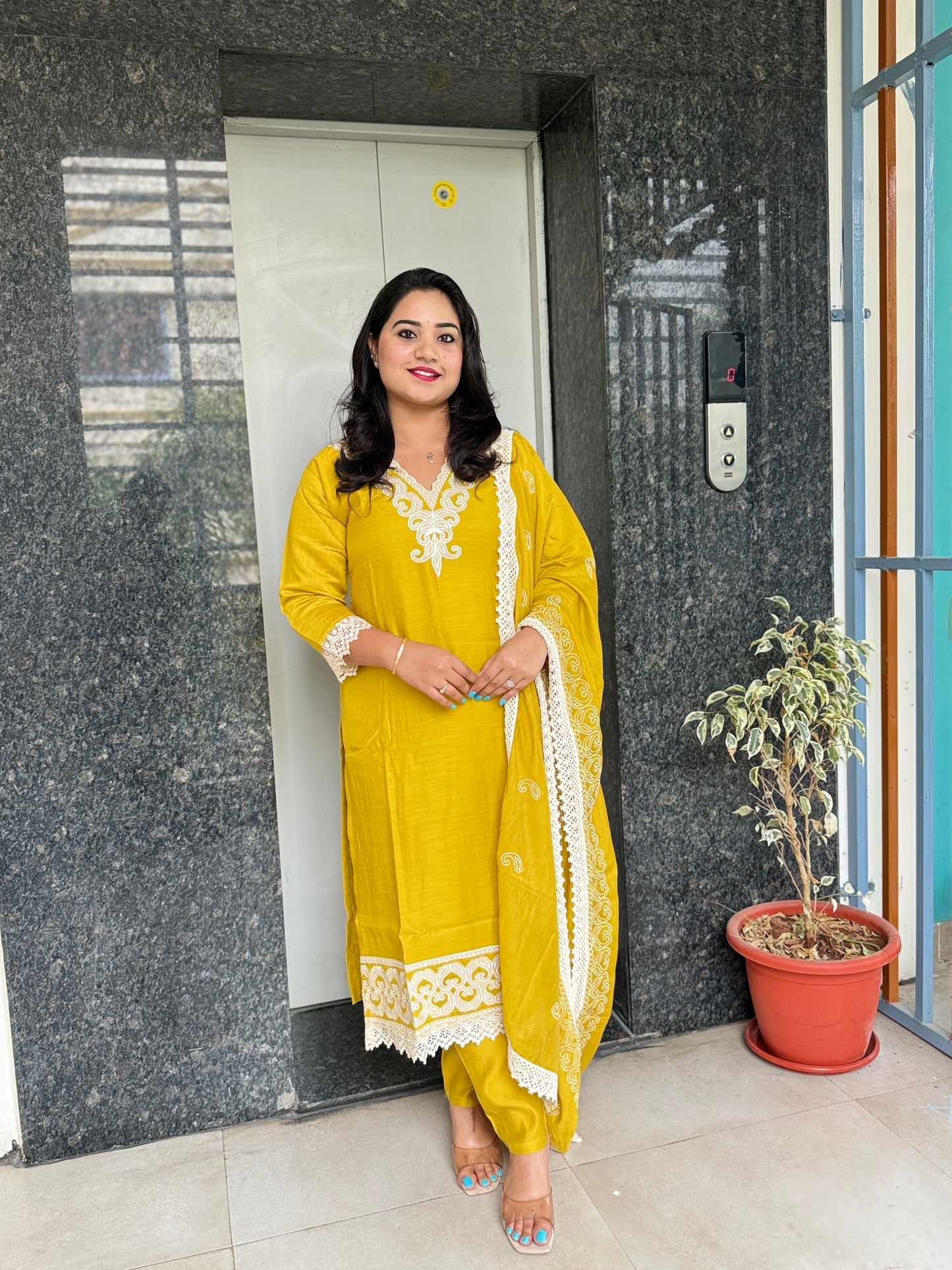 Mustard Roman Silk Kurta Set with Off-White Applique Work and Dupatta – 3-Piece Ethnic Set for Women