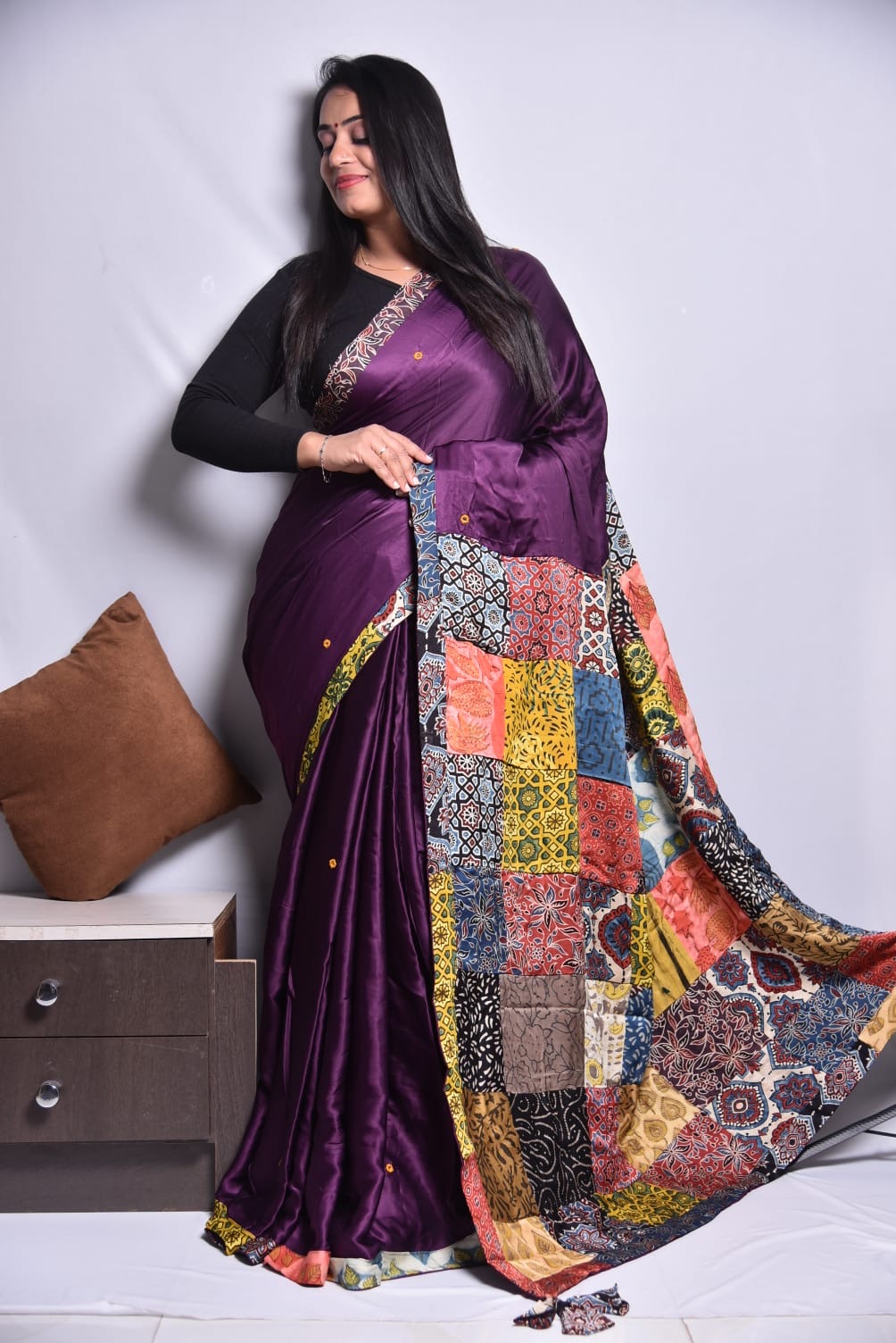 Modal Patch Work Saree with Handblock Print and All-Over Mirror Embellishments for Women