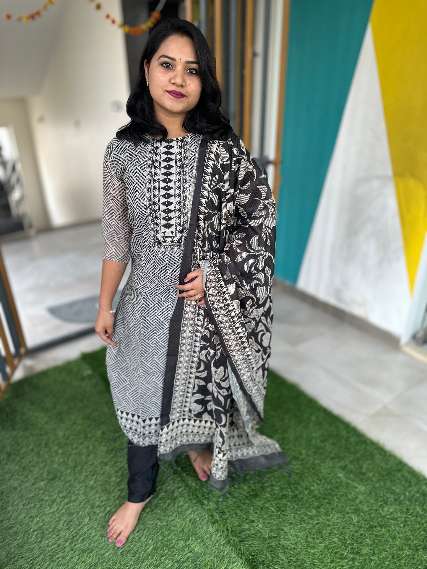 Women’s Chanderi Geometric Print Suit Set with Kantha and Sequence Work, Cotton Pants and Dupatta – Black