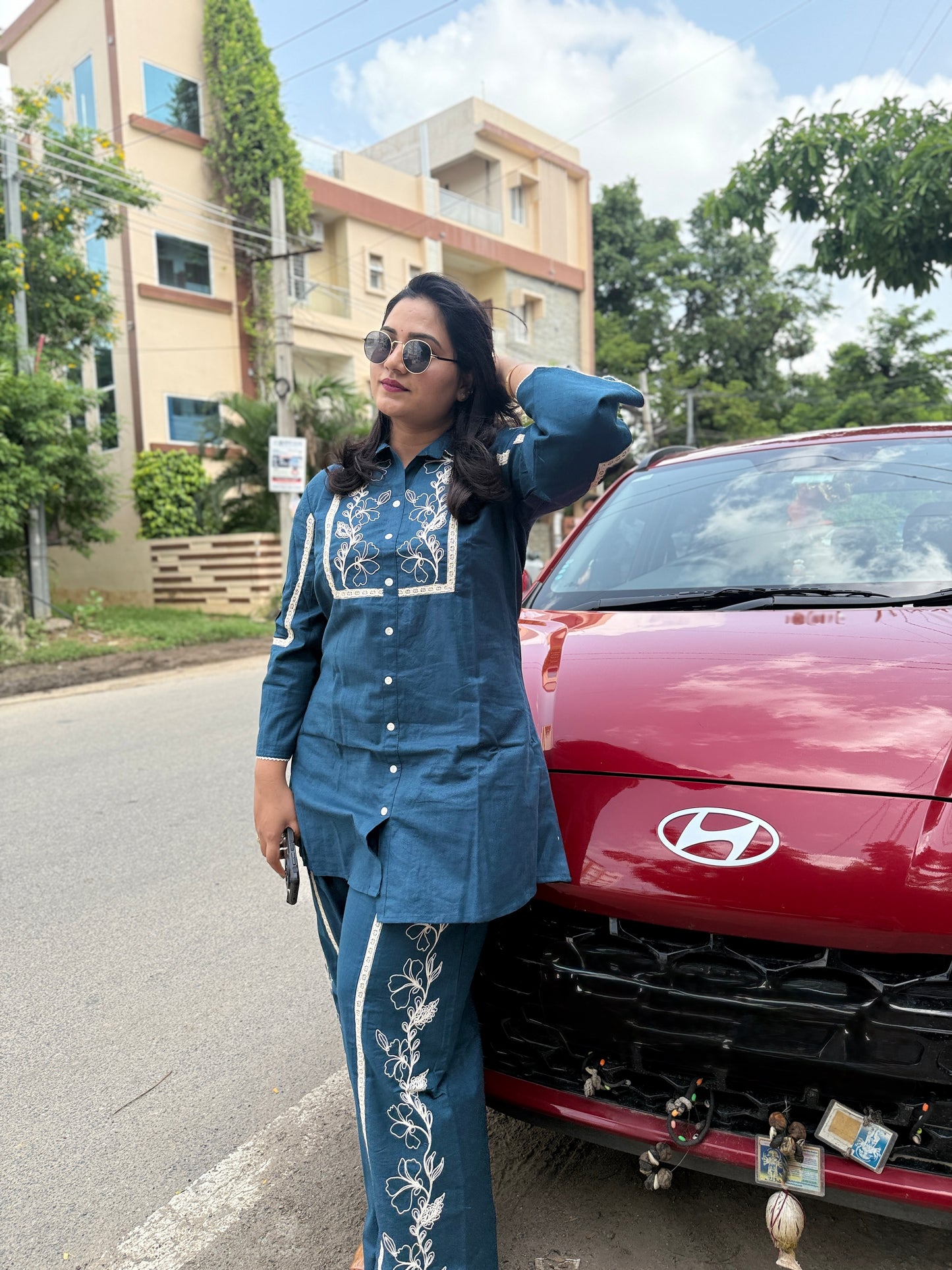 Navy Blue Cotton Flex Co-ord Set for Women with Thread Embroidery and Lace Detailing
