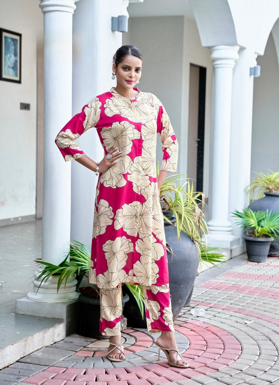 Heavy Viscose Printed Co-Ord Set with Mandarin Collar, Button Detailing, and Side Pocket – Ethnic Wear for Women (XL to 3XL)