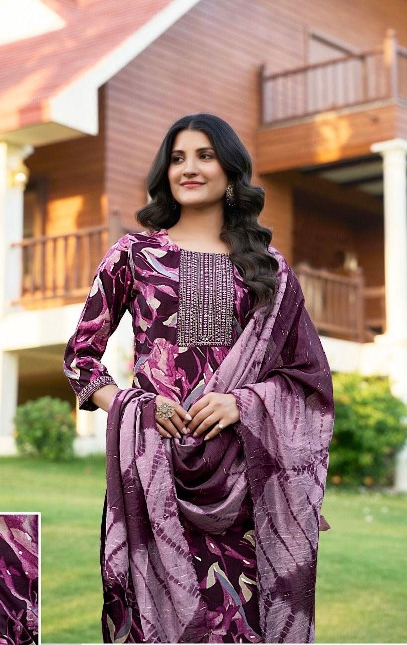Roman Silk Modal Straight Suit Set with Foil Print, Embroidery and Chanderi Dupatta for Women