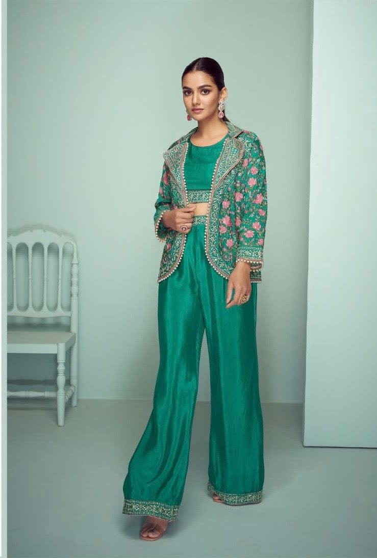 Real Chinon 3-Piece Ethnic Set with Front and Back Embroidery, Mirror Work, and Tassel Lace – Free Size Stitched