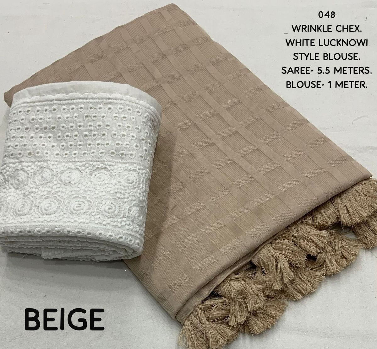Wrinkle Chex Soft Georgette Saree with Tassel Pallu and Lucknowi White Blouse Piece