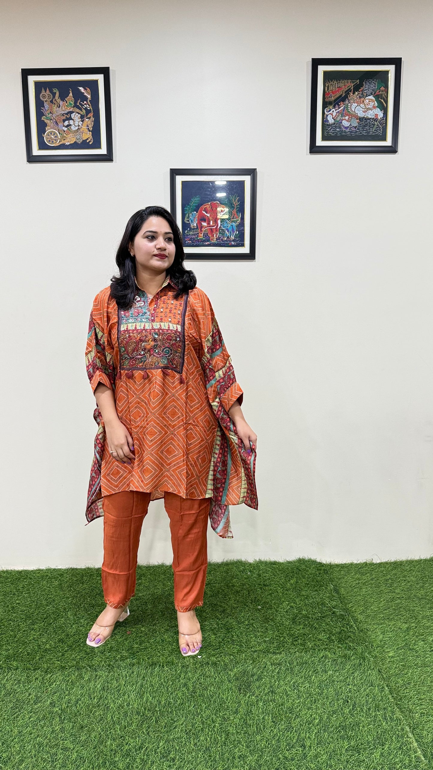 Designer Muslin Digital Print Western Fusion Kurti Pant Set with Mirror and Bead Handwork