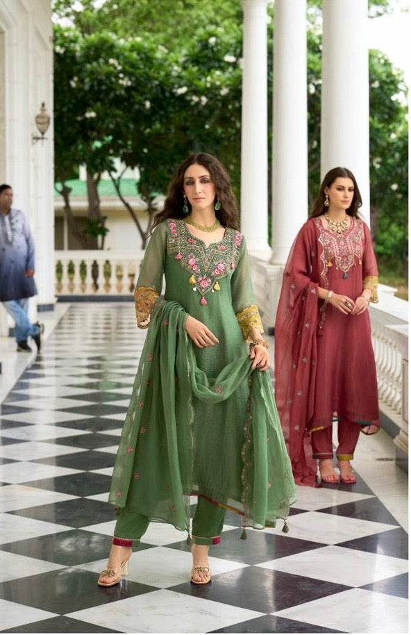 Organza Crush 3-Piece Suit Set with Embroidery, Handwork and Muslin Inner for Women