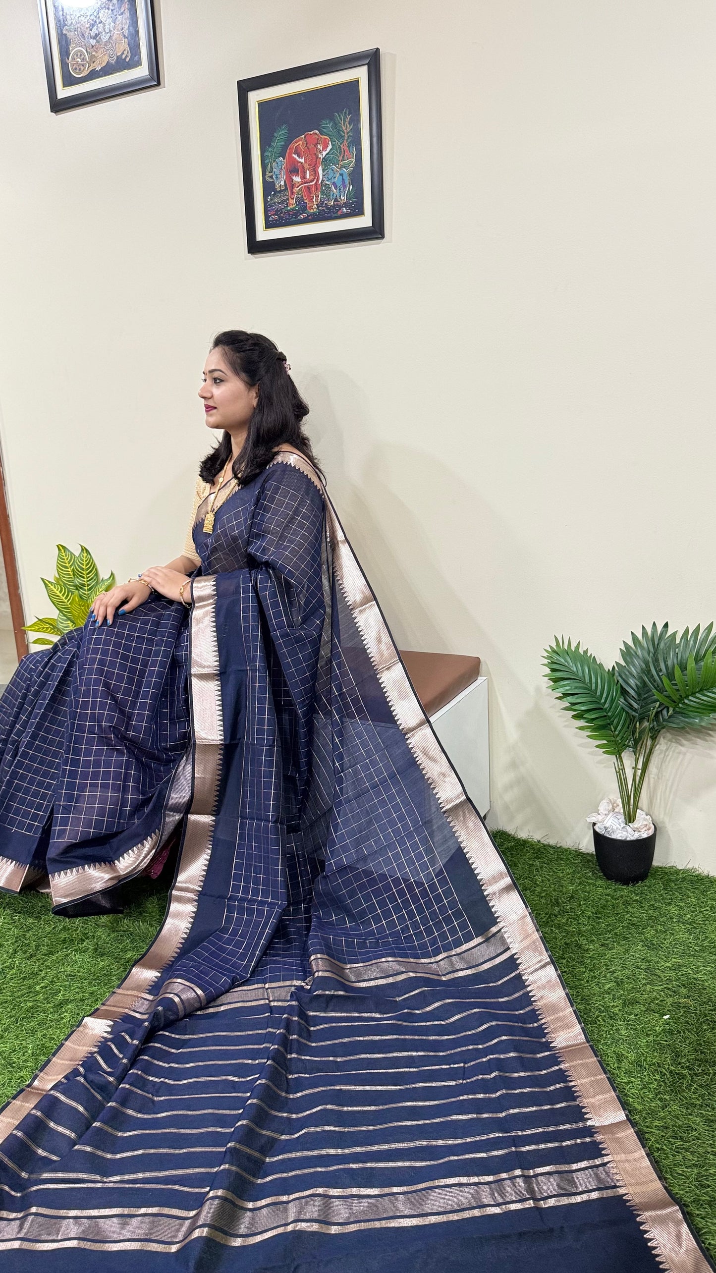 Mangalgiri Soft Semi Tussar Silk Saree with Check Pattern and Blouse Piece for Women – Lightweight Drape