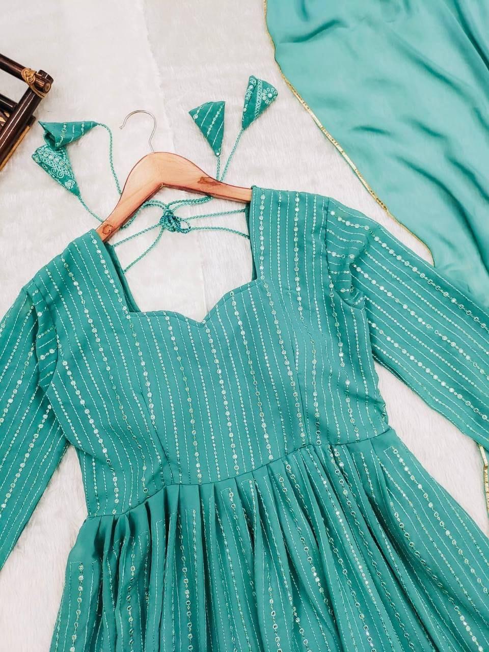 Pastel Blue Fox Georgette Chikankari Anarkali Suit Set with Dupatta and Bottom – Women’s Size 44