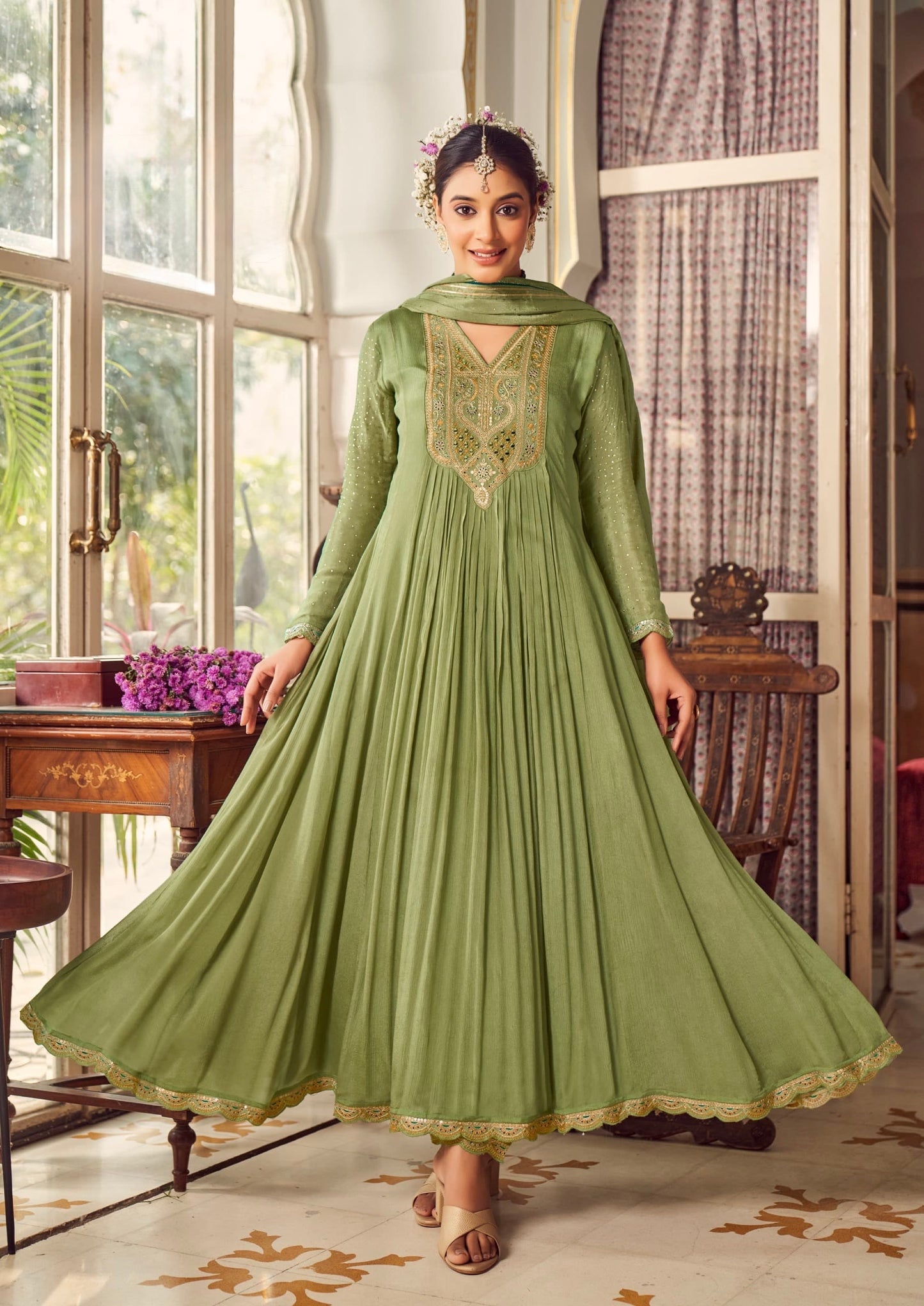 Women’s Premium Chinon Kurti Set with Swarovski Highlights and Khatli Handwork – XL to XXL