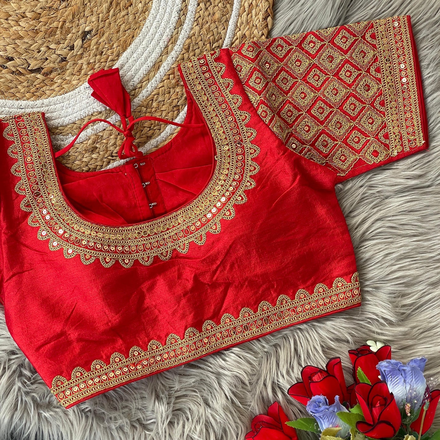 Soft Silk Front-Open Blouse with Heavy Sequins, Thread, Jari and Handwork for Women