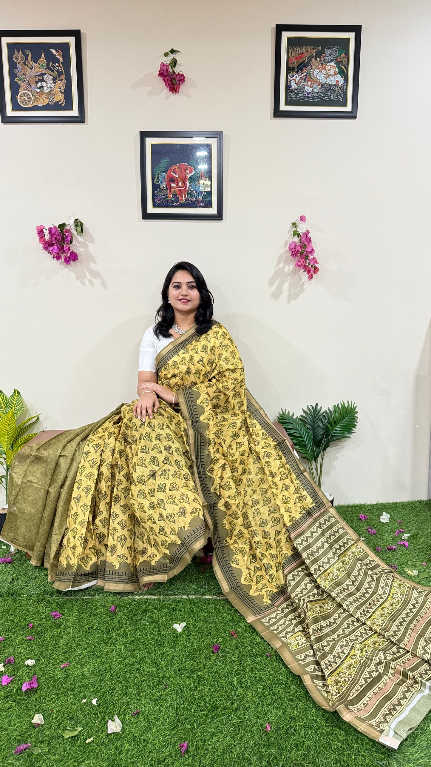 Soft Chanderi Silk Saree with Gold Zari Border and Digital Print – Traditional Wear Saree for Women