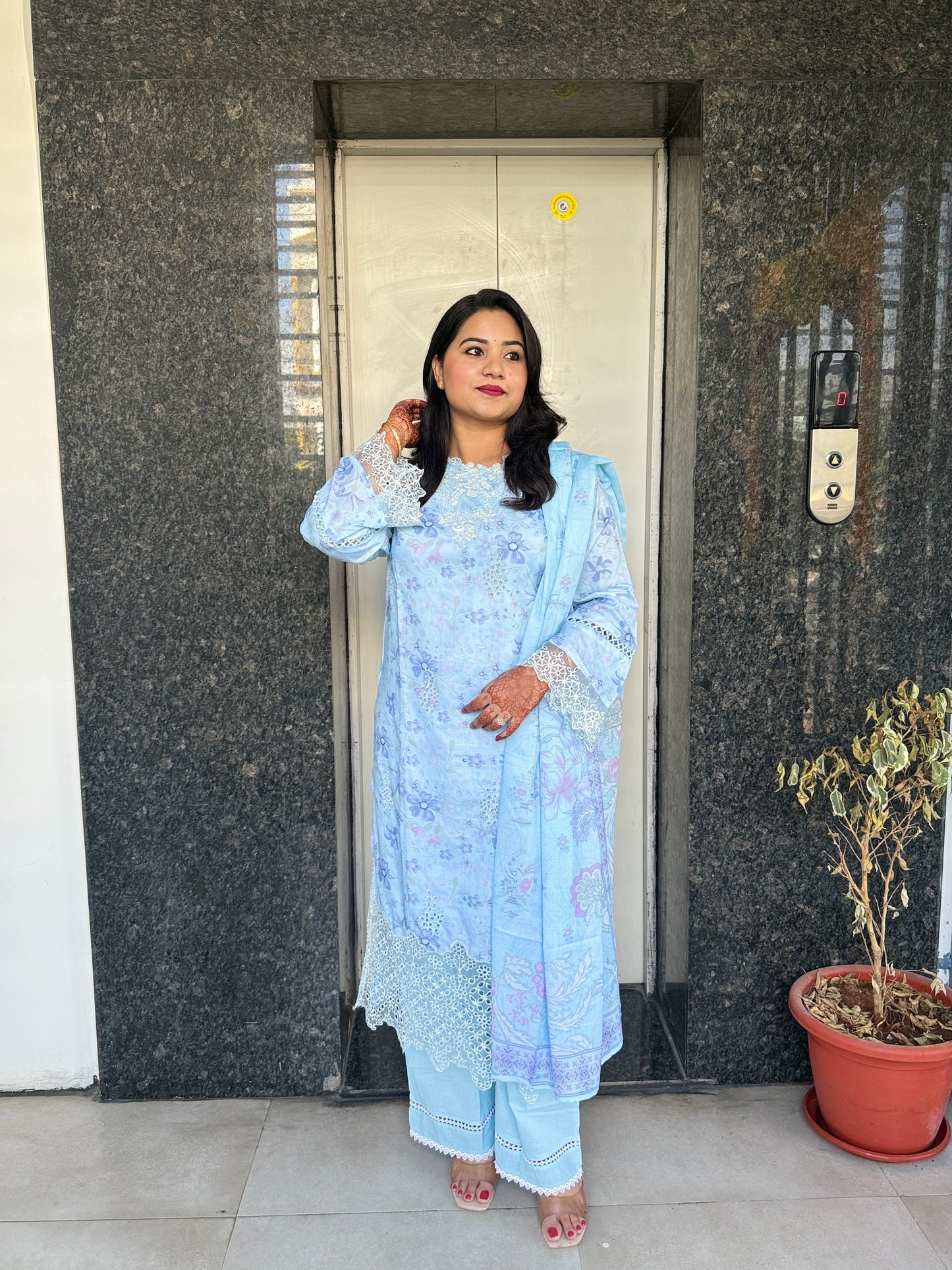 Women’s Pastel Blue Cotton Suit Set with White Lace Embroidery and Dupatta – Sizes M to 3XL