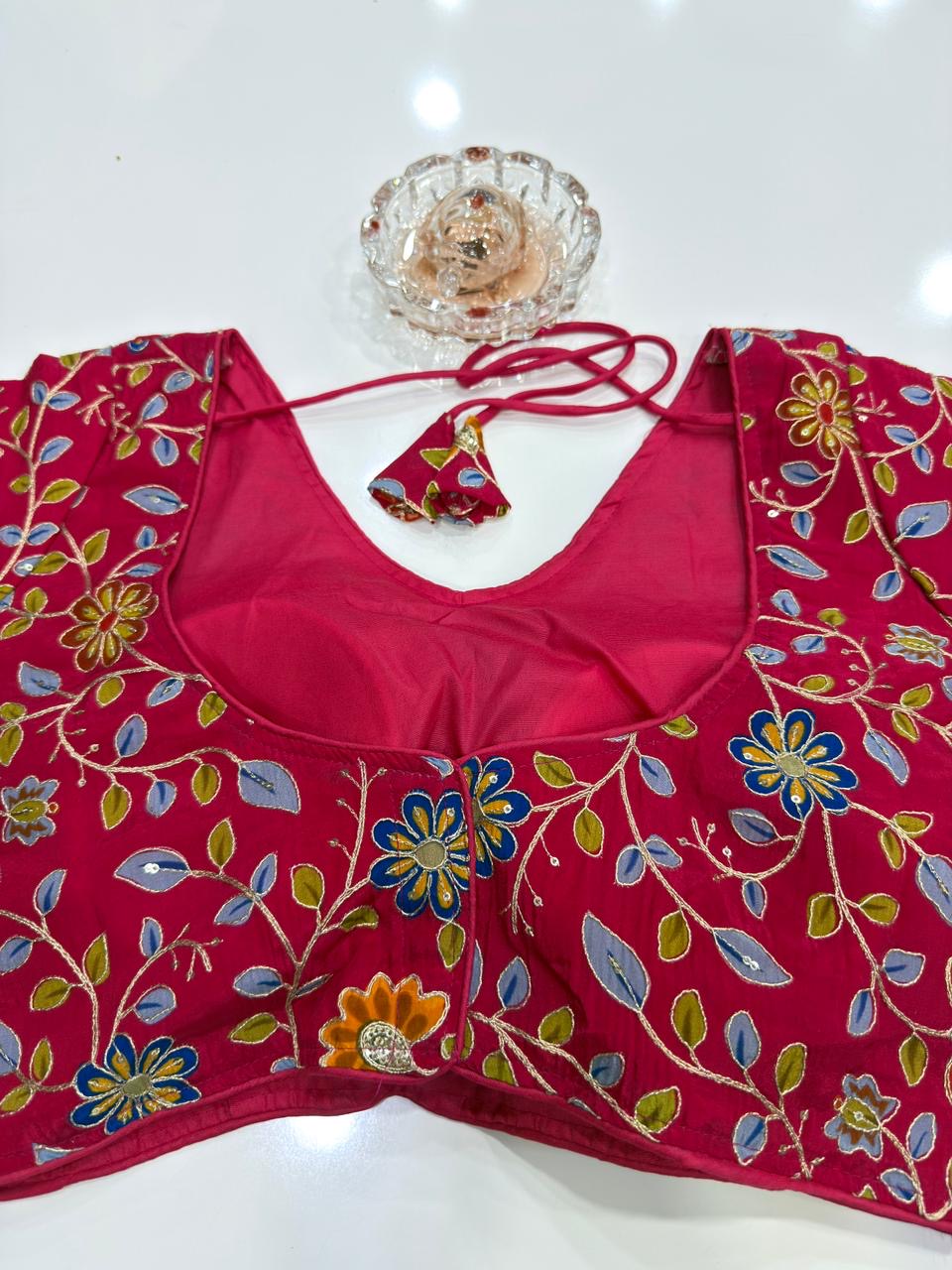 Pure silk embroidered readymade blouse for women, floral print, 3/4 sleeve, padded, size 38–42, 15 inch length